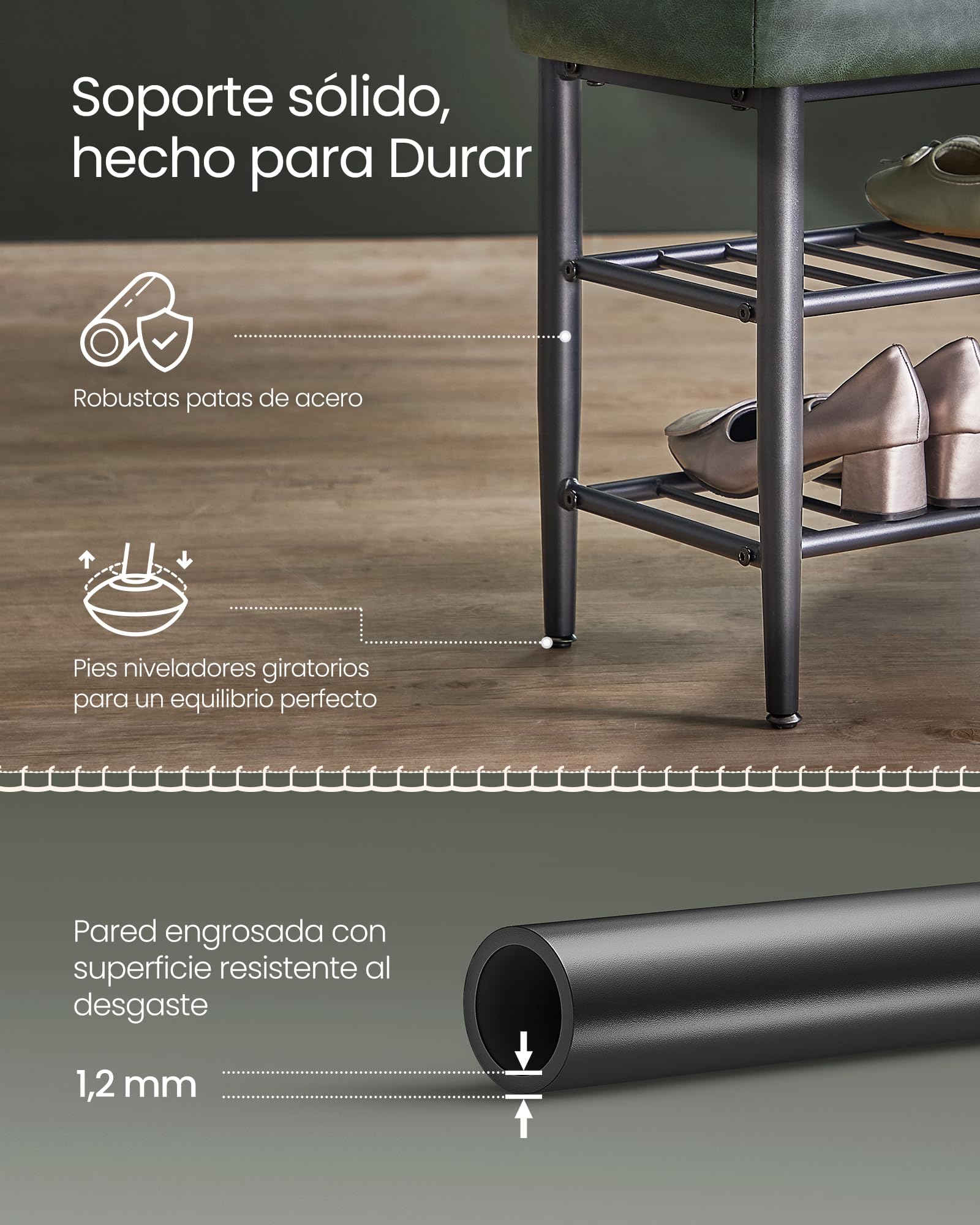 VASAGLE Banco Zapatero, Piel Sintética, Carga 135 kg, 30 x 80 x 50 cm | Banco de Almacenaje, Zapatero de Entrada, Con Costuras, Moderno de Siglo Mediados, Verde Bosque, EKHO Colección LSB054C01