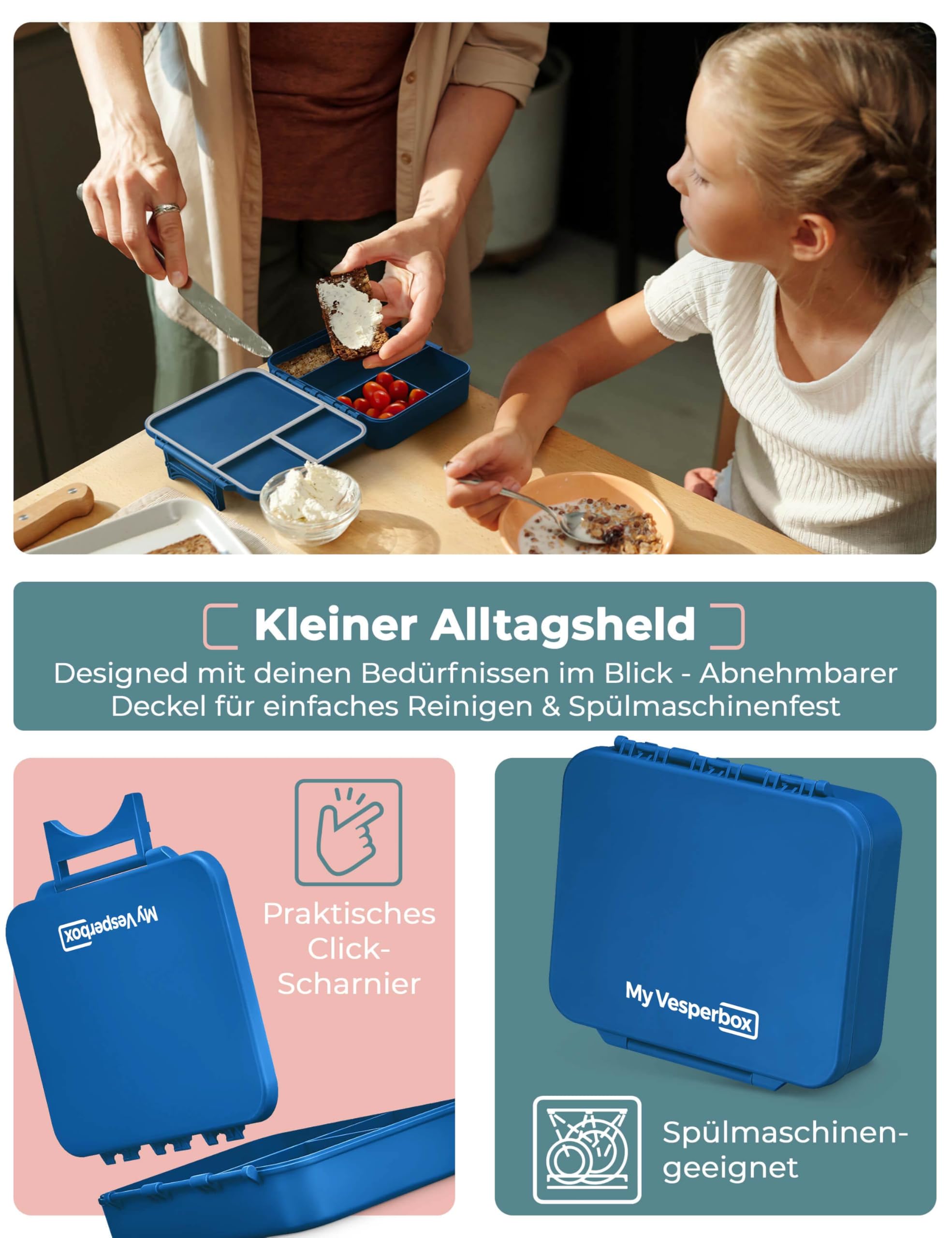 My Vesperbox – LIV - Bento Box Kinder - Made in Germany - Model 2026 - Bruchsicher - Biobasierend - Auslaufsicher & Unterteilt - BPA Frei - extrem robust - Lunchbox – Brotdose mit Fächern - Jausenbox