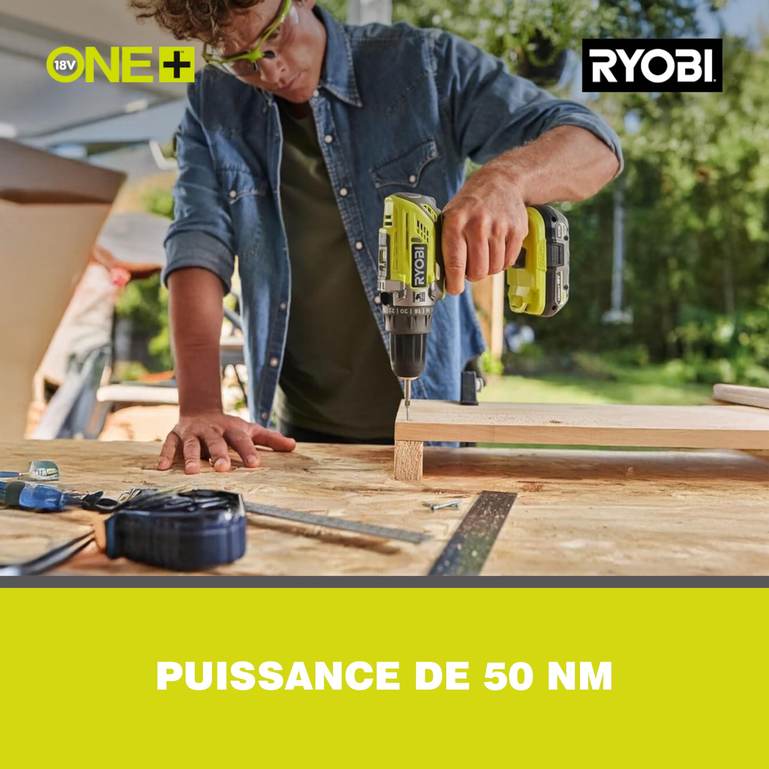 RYOBI - Perceuse-visseuse à percussion 18V - 2 vitesses - 50 Nm - 500-1 800 tr/min - réglage de couple 24 positions - mandrin 13 mm livrée avec 1 batterie 2Ah et son chargeur - R18PD32-1C20G