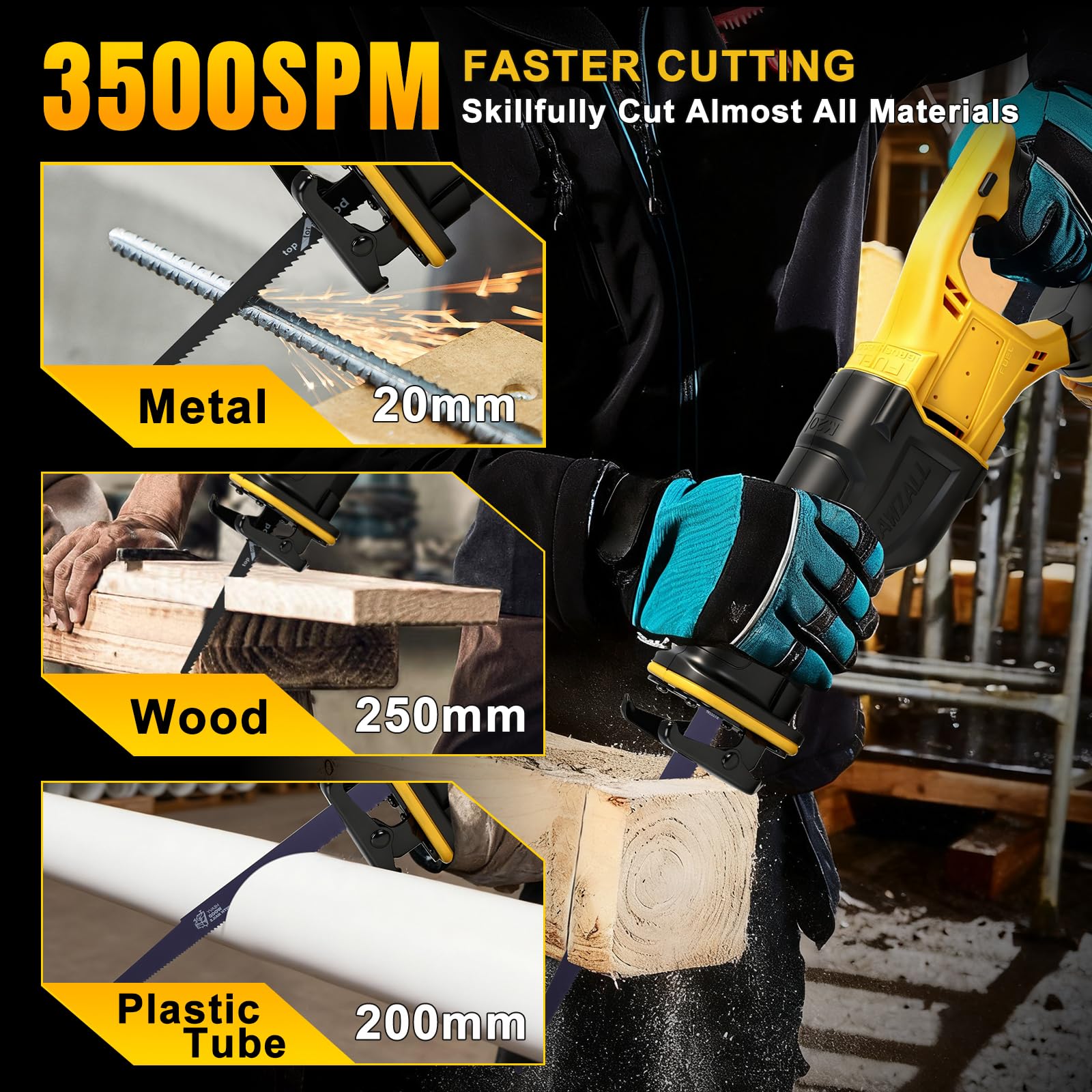 WingFly Sierra sable inalámbrica para Dewalt 18 V, 20 V batería, Sierra Alternativa profesional con 4 hojas, 3500 rpm, Sierra Recíproca Eléctrica con Velocidad Variable