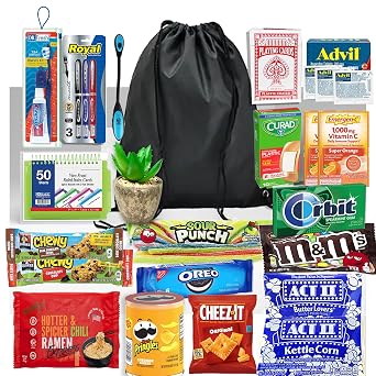 COLLEGE ESSENTIAL CARE PACKAGE, Gift Box for Dorm - Get Well Gift basket - Military gift basket, Snacks candy and game School supply & self-care items