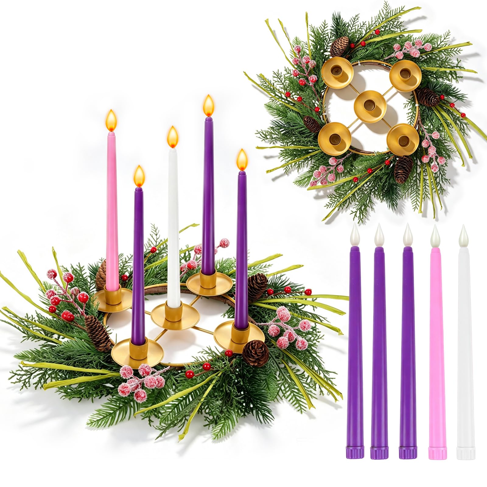 Lot de 6 couronnes de l'Avent de Noël avec 5 bougies artificielles sans