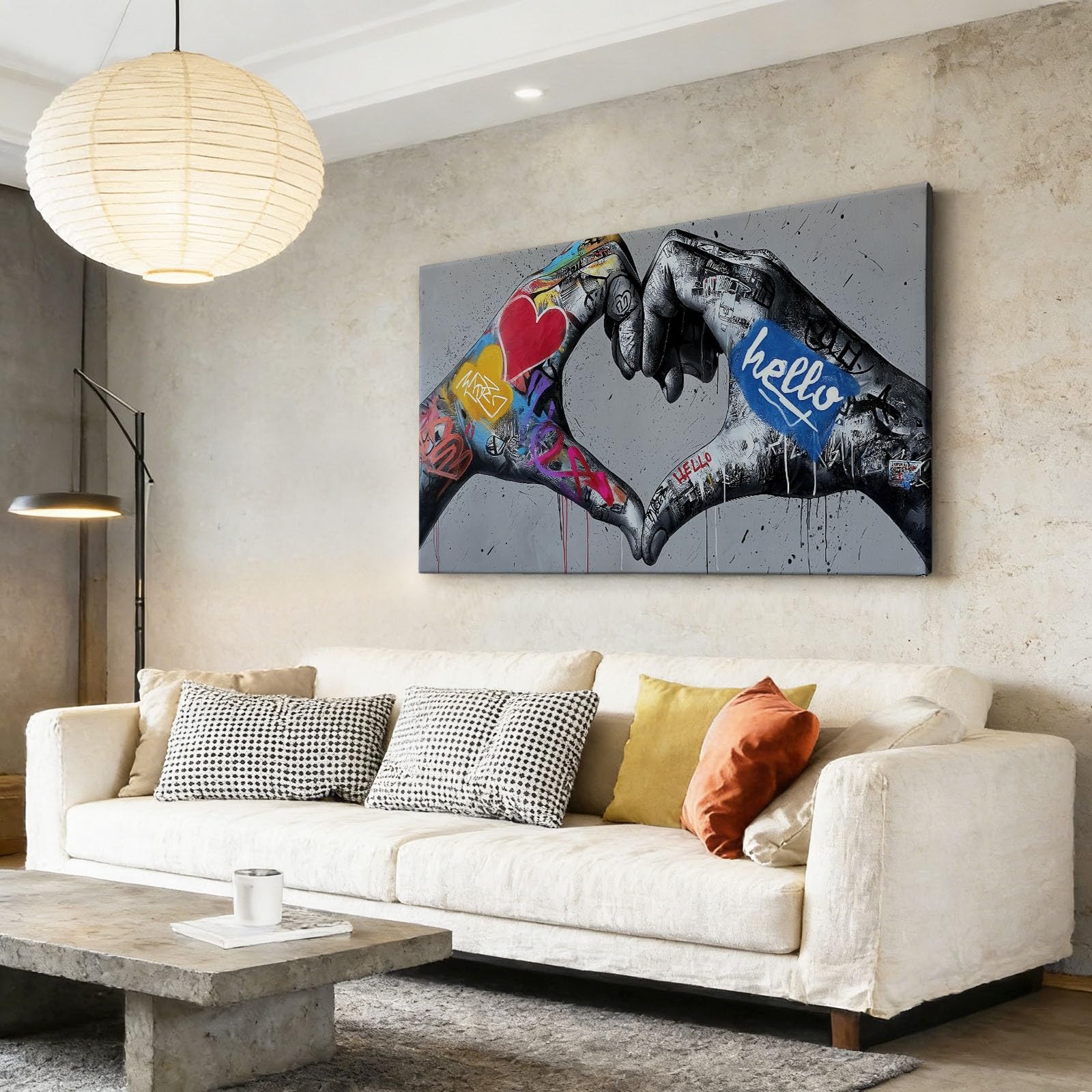 Stampa artistica da parete su tela con mani a forma di cuore e graffiti, stampe su tela per soggiorno, camera da letto, ufficio, grigio impermeabile, per bagno, 99 x 50,8 cm, senza cornice