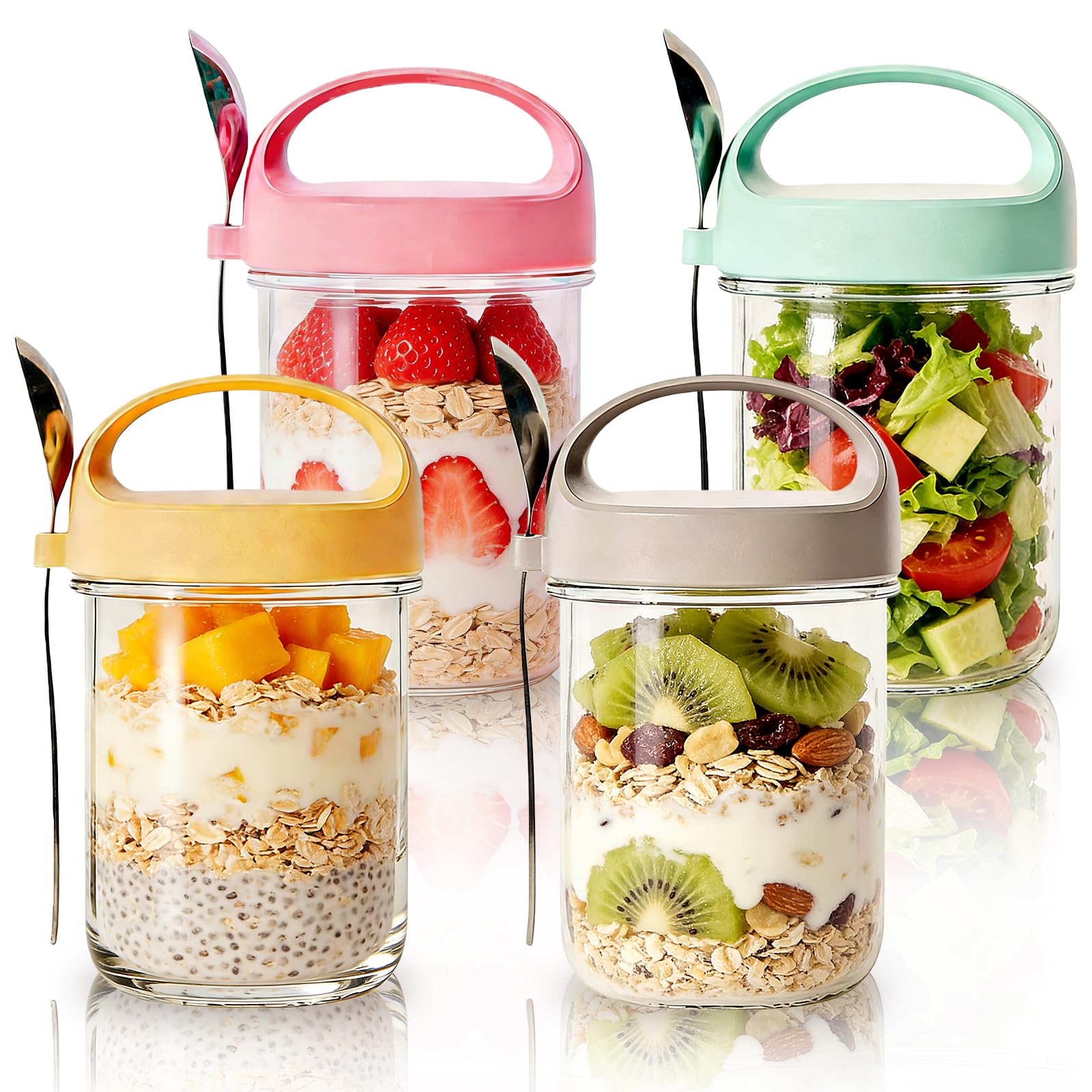 MEETOZ 4 Pack Overnight Oats Jars, Overnight Oats Container with Lid and Spoon,14oz Large Capacity Glass Jars with Screw lids,for Salads Cereal Milk Porridge Fruit