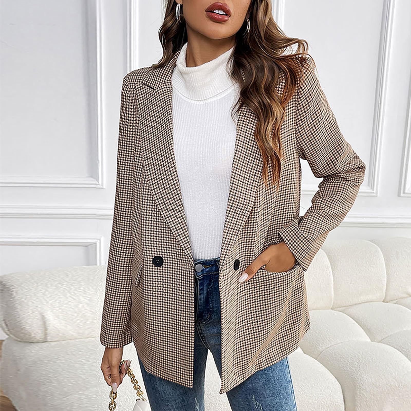 Damen Blazer Sportlich Elegant Kariert Longblazer Große Größen Damenblazer