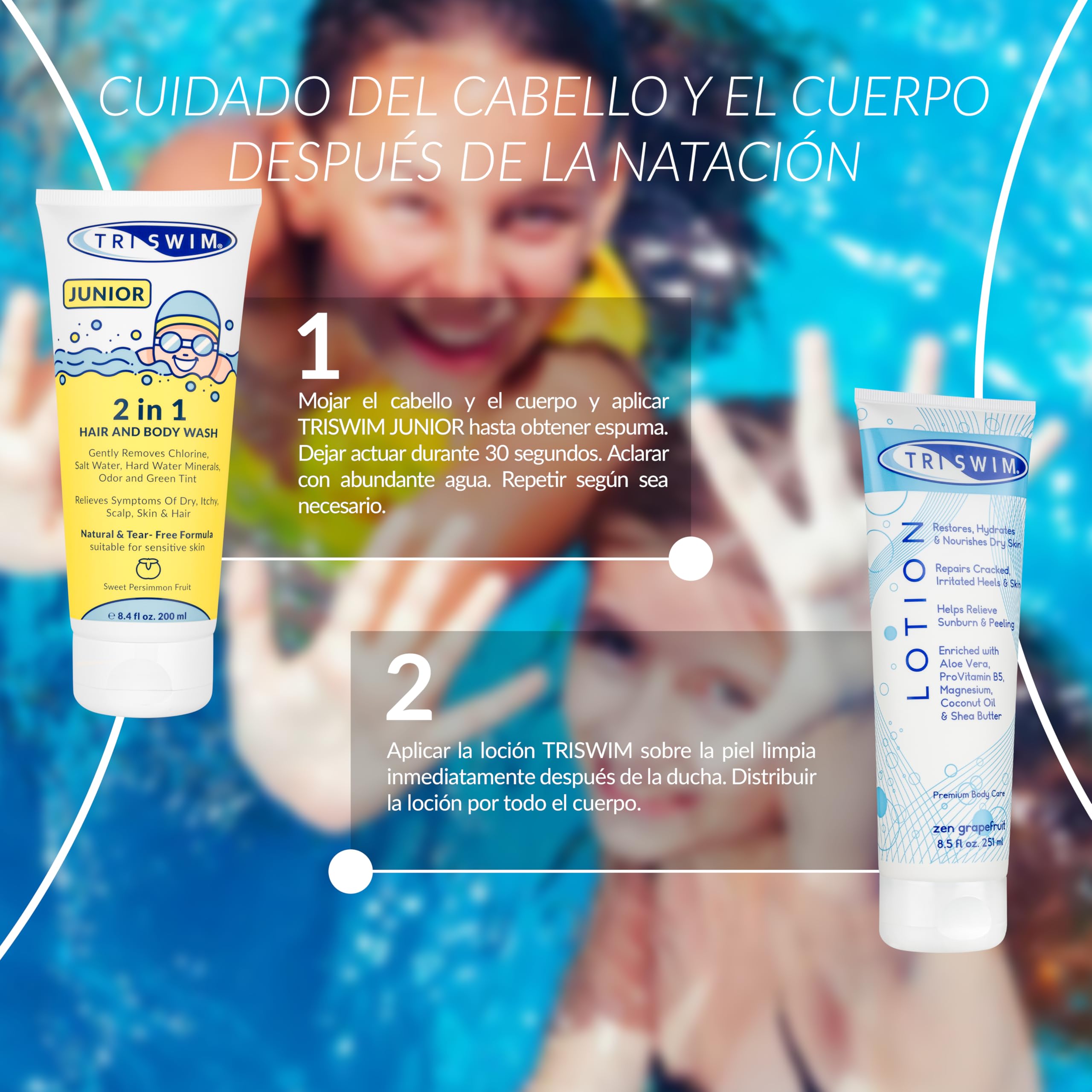 TRISWIM - Junior Gel de Baño y Champú Anticloro Después de la Natación para Niños, Elimina Suavemente el Olor a Cloro y Piscina, la Fórmula Natural Previene la Picazón en la Piel - 200 ml