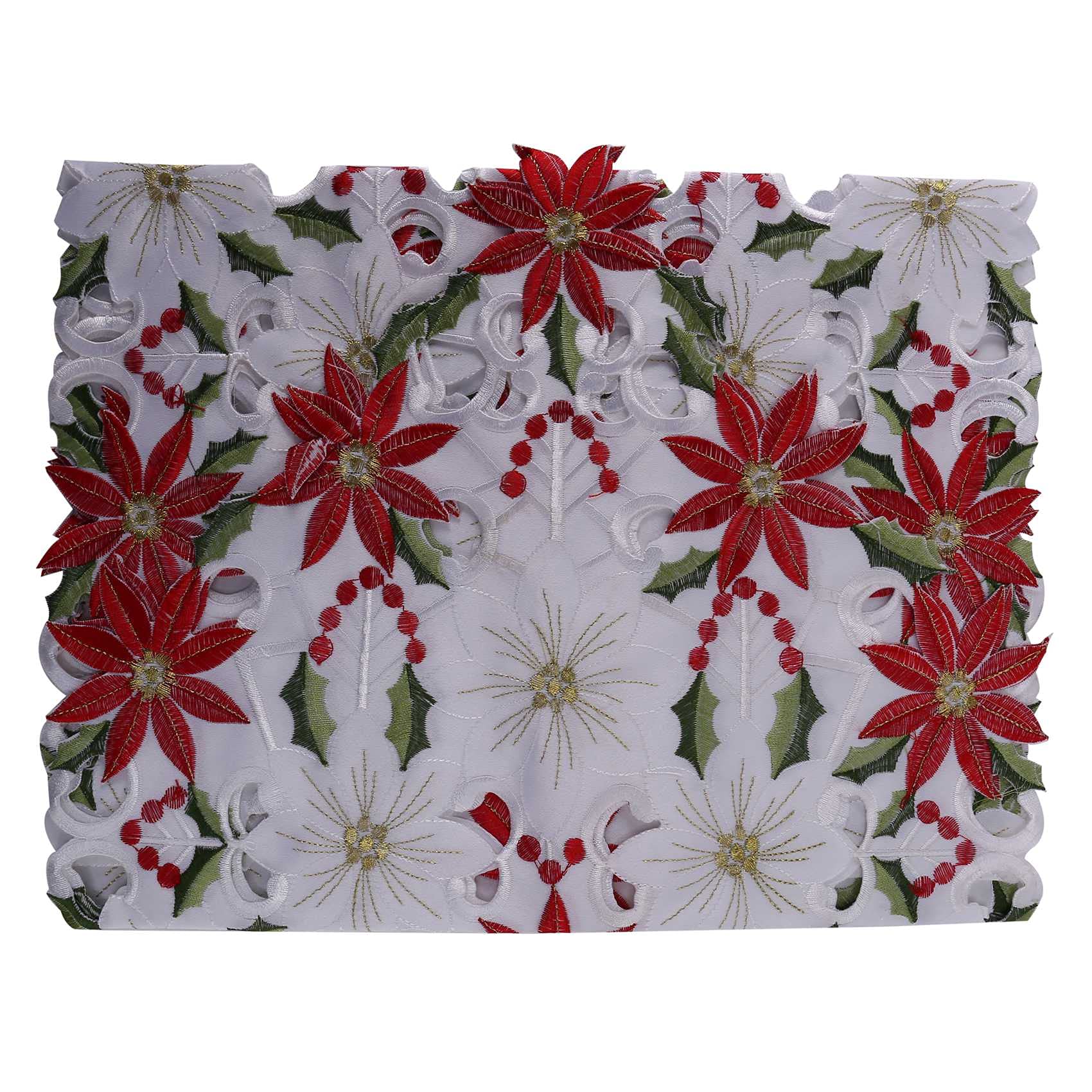 Yurhuit Christmas Embroidered Table Runner, Luxury Holly Poinsettia Table Runner For Christmas Decorations, 15 X 70 Inch