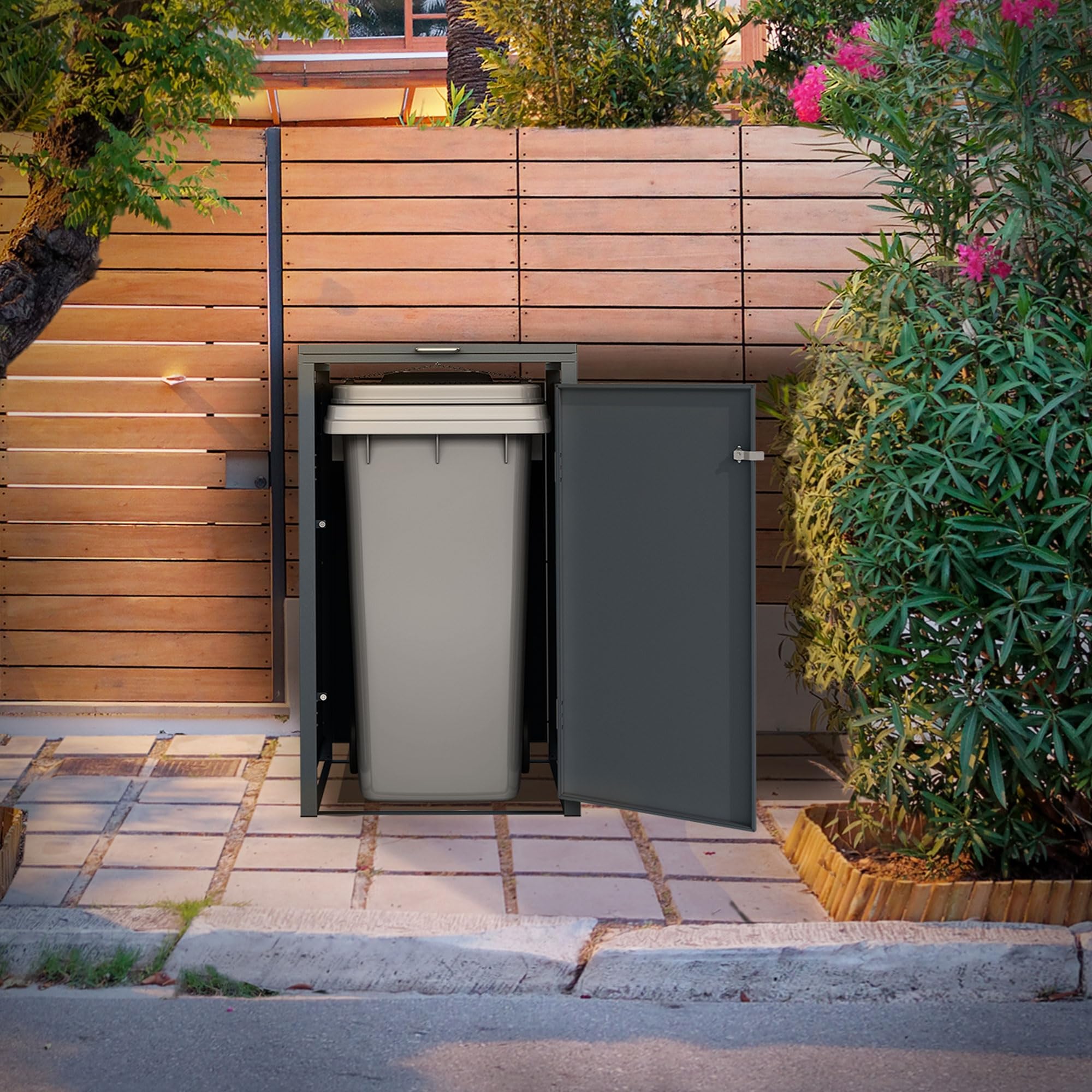 ML-Design Cobertizo de Exterior para 1 Cubo de Basura de 240L 68x80x116,3cm Antracita con Aspecto de Madera de Alerce Mueble Cubre-Contenedor de Acero Resistente con Tapa y Puerta con Cerradura
