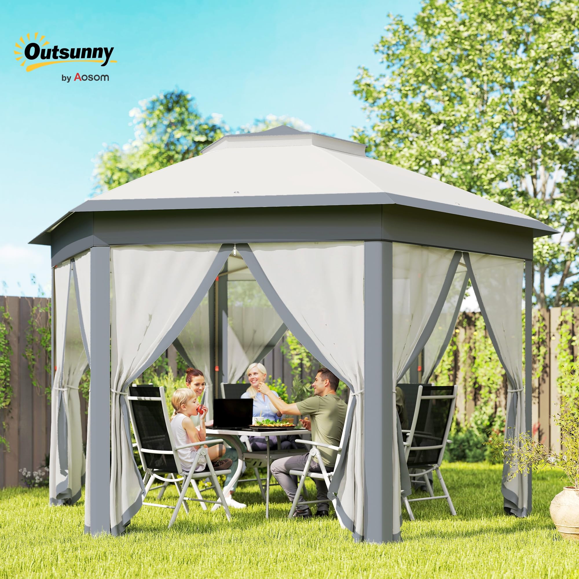 Outsunny Carpa Plegable 4x3,4 m, Cenador de Jardín Hexagonal con Doble Techo, 6 Mosquiteras Extraíbles y Bolsa de Transporte, Impermeable, Anti-UV para Exterior, Fiestas, Gris
