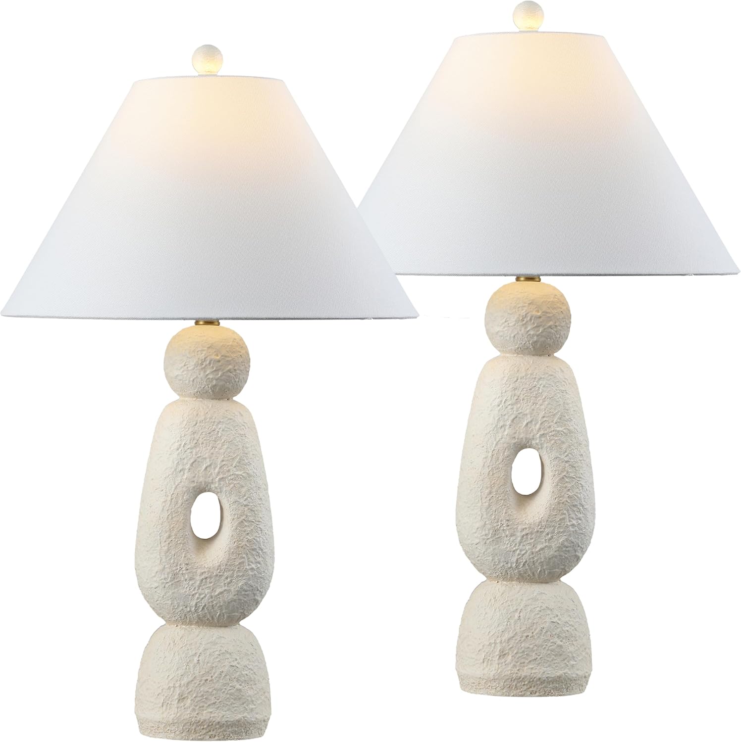 JONATHAN Y 28" Antique White Modern Organic Minimalist Table Lamp Set of 2, Textured Resin Bedside Lamps with White Linen Shade, Sculptural Nightstand Light for Living Room JYL9206A-SET2