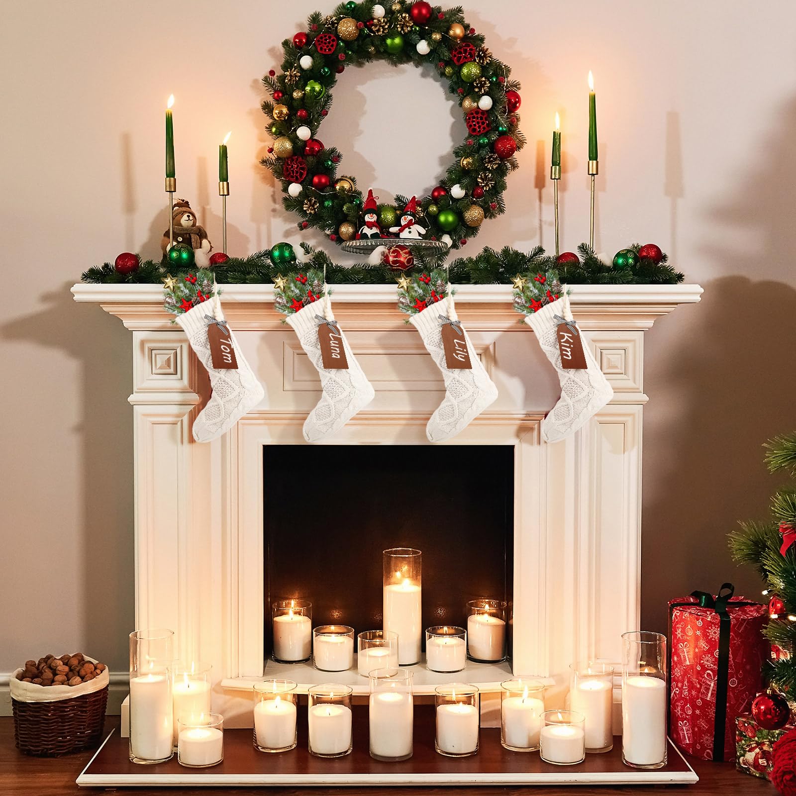 Lot de 8 grandes chaussettes de Noël avec étiquettes nominatives en bois à faire soi-même, 45,7 cm, avec étiquettes de Noël pour décorations de fête de Noël (blanc)