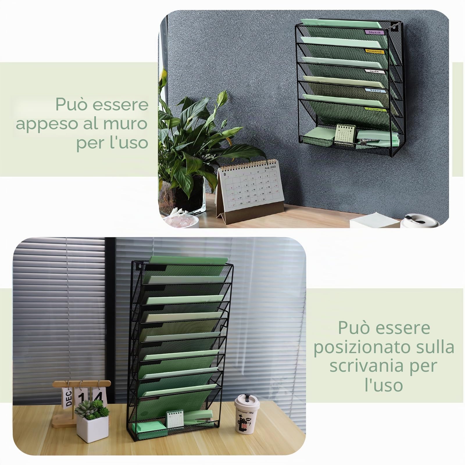 Organizer da parete a 9 ripiani in rete con vassoio piatto inferiore, organizer per documenti da appendere verticale a rete media, cartelle portadocumenti da appendere per ufficio, portariviste, set