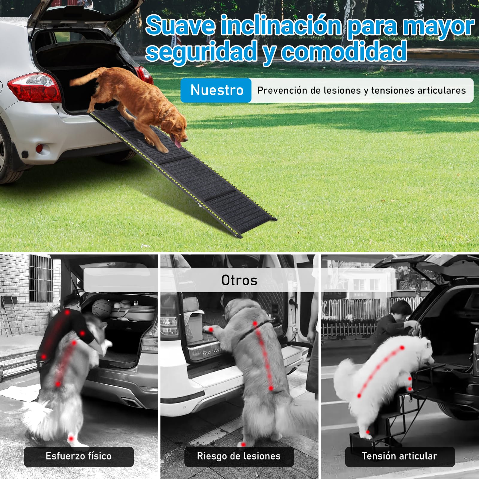 Rampa para Perros Coche Plegable con Bandas Reflectantes, 160 x 44 cm, Soporta hasta 70 kg, Ligera y Antideslizante, Apto para Coche, SUV