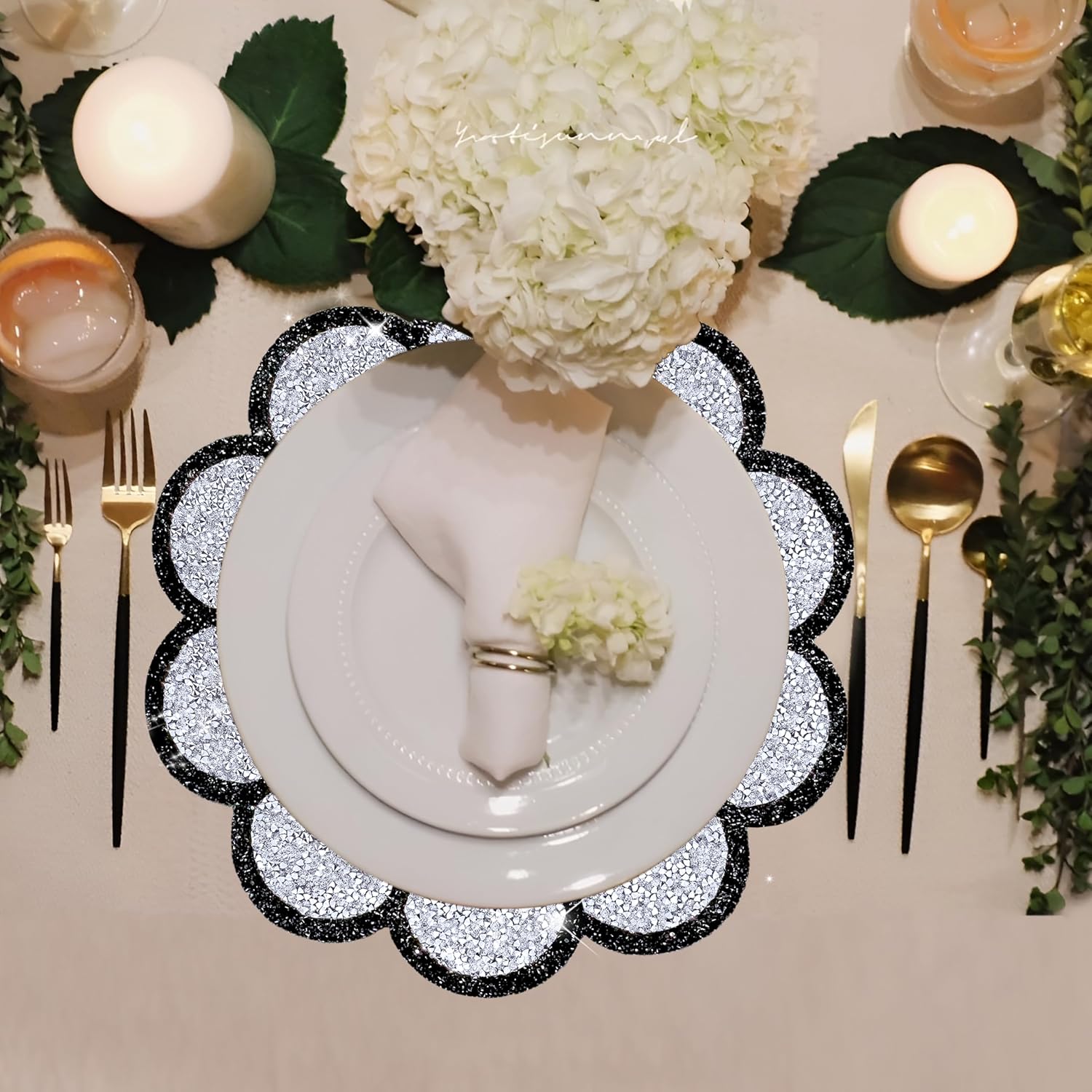 Washable Waterproof Diamond Circle Placemats for Round Tablescape Decor for Dinner and Kitchen Bling Placemats for Weddings & Special Events -4 PCS (Silver and Black)