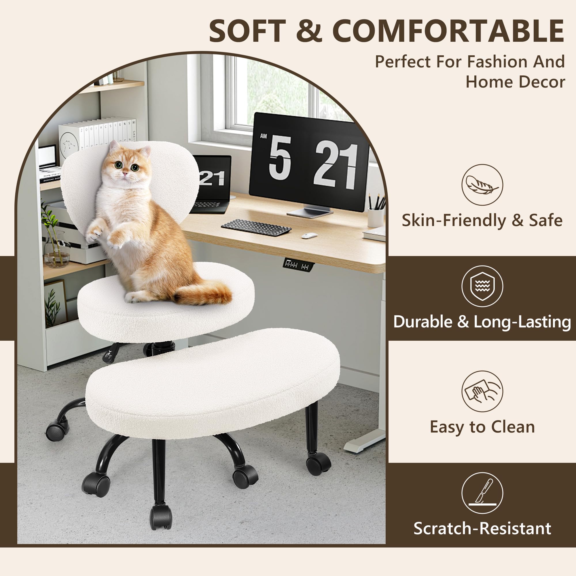 AtHope Ergonomic Cross Legged Office Chair with Wheels - Adjustable Height for Meditation, ADHD Desk & Yoga - Wide Criss Cross Design with Lumbar Support, Kneeling Chair -: Off White