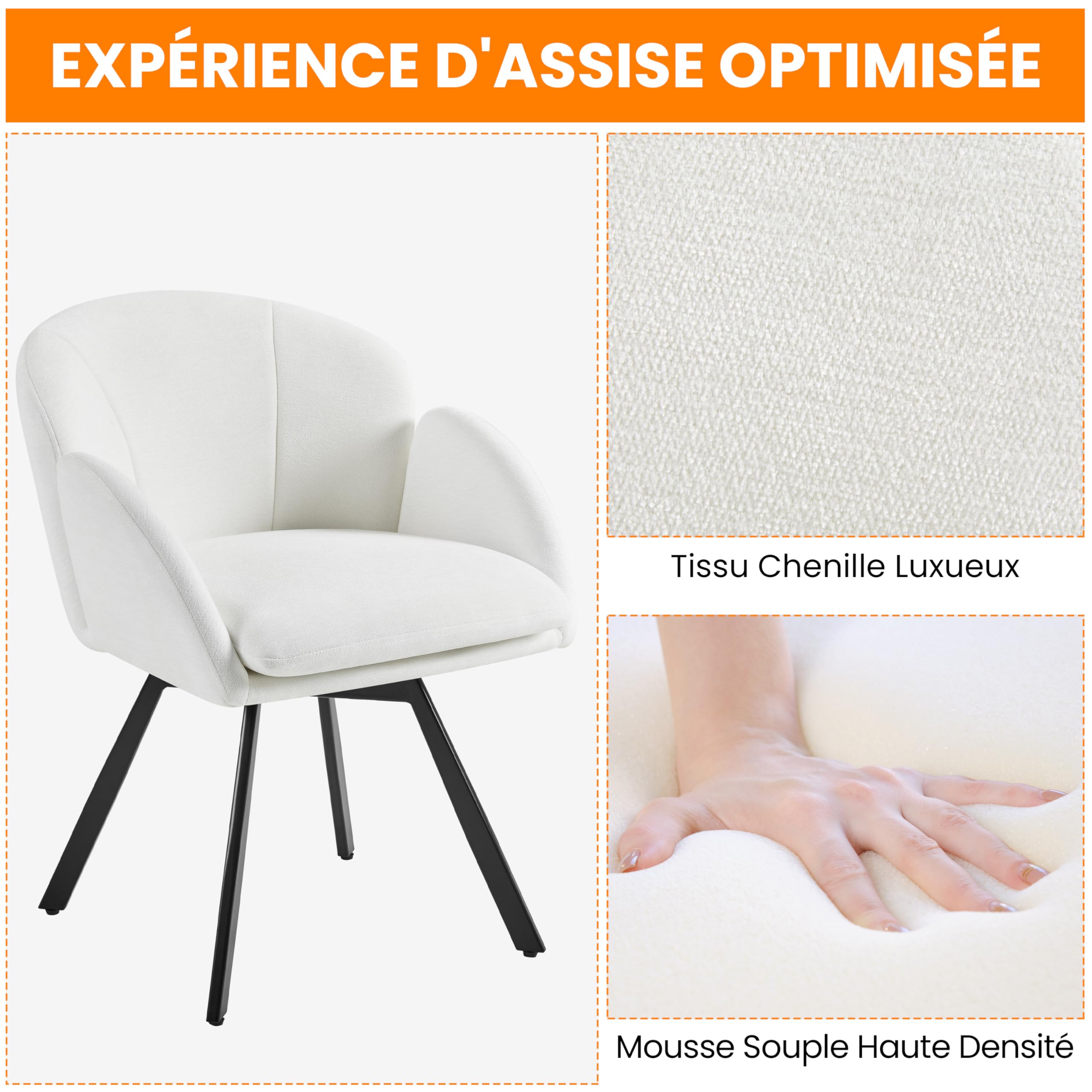 Yaheetech Fauteuil Salon en Velours Chenille，Design Fleur，Chaise Coiffeuse Pivotante，Fauteuil Chambre Confortable avec Coussin Amovible pour Chambre Bureau Domicile Blanc