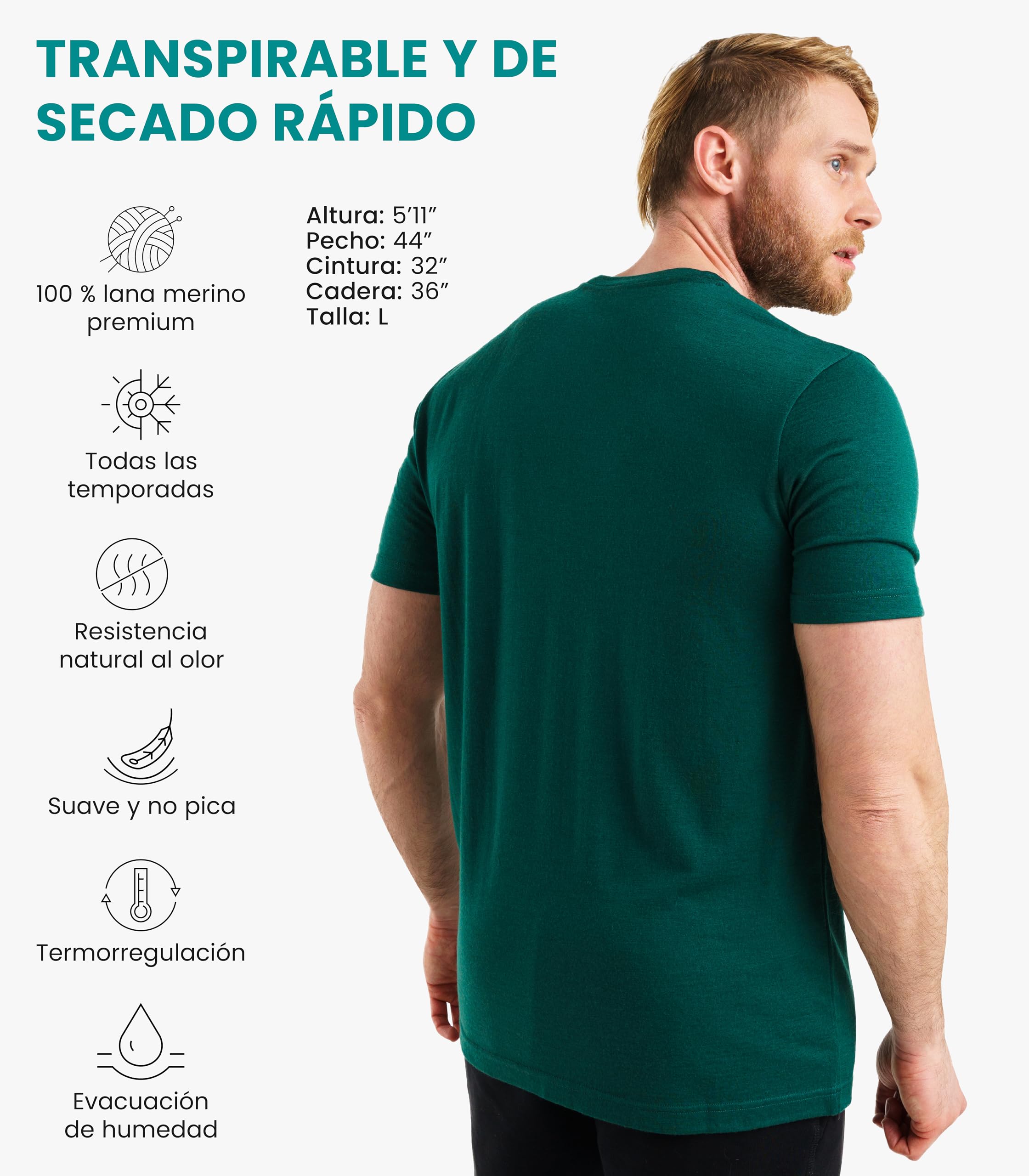 Merino.tech Camiseta Lana Merino Hombre - Camiseta Interior Hombre 100% de Lana Merino con Calcetines (XX-Large, Emerald Green)