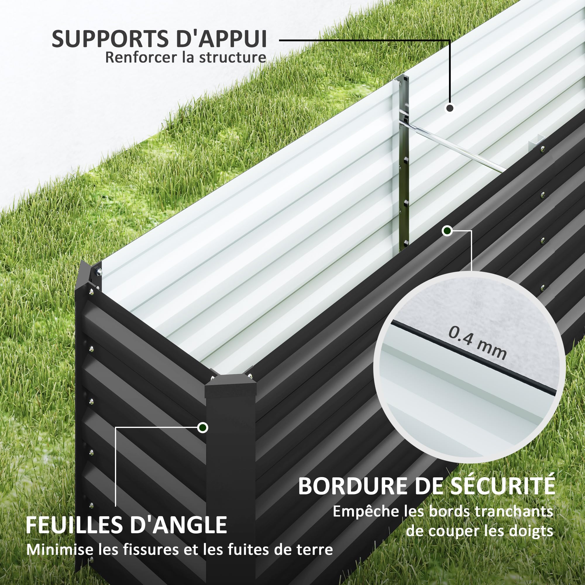Outsunny Carré Potager, Potager surélevé en Acier galvanisé, Barres de Soutien et plaques d'angle, Fond Ouvert, lit de Jardin surélevé, pour Plantes légumes, Fleurs, 240 x 40 x 45 cm, Gris foncé