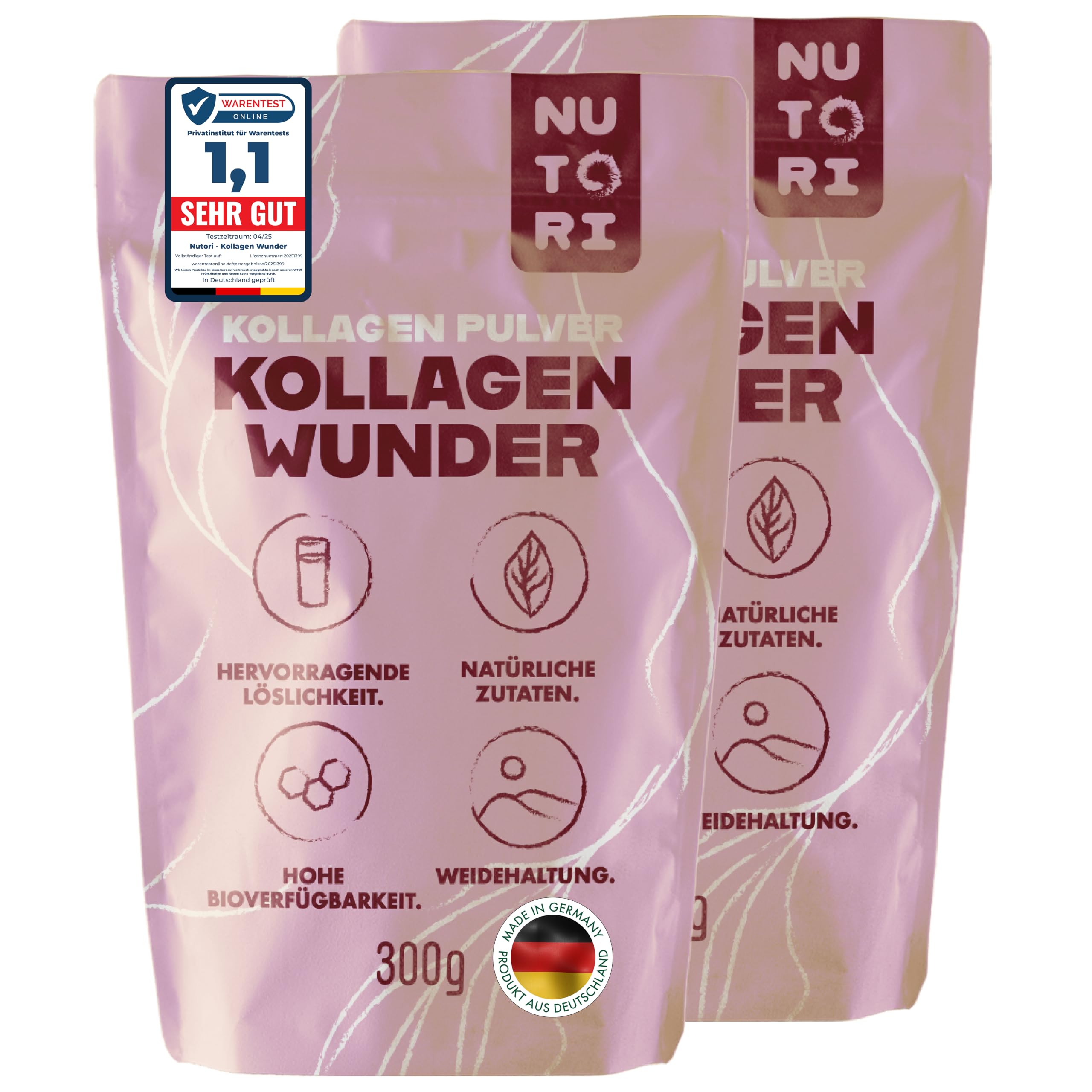 NUTORI - Kollagen Pulver - optimale Bioverfügbarkeit und Löslichkeit - Weidehaltung - Kollagen Hydrolysat Peptide - Produziert & laborgeprüft in Deutschland