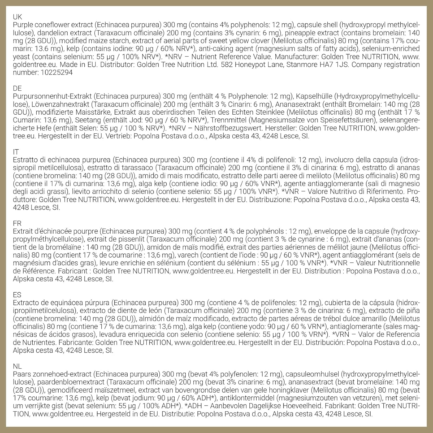 Golden Tree Lymph Relief Kapseln, 60 Stück | Unterstützung des Lymphsystems, Echinacea, Löwenzahnextrakt, Steinklee, Bromelain, Jod & Selen