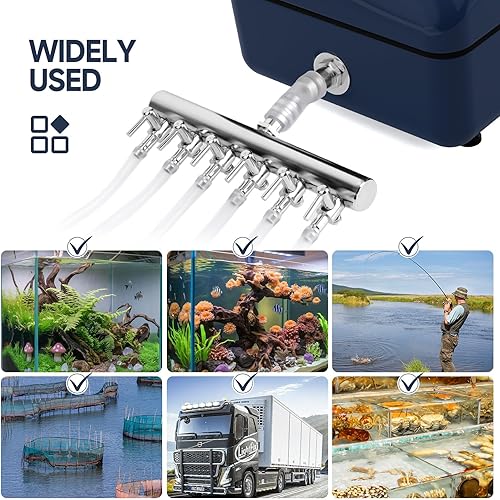 Miniatura 7 de AQQA Bomba de aire recargable para acuario, aireador portátil de 12 W para pecera y estanque, 9 salidas de 280 GPH para 5-1000 galones, pesca al