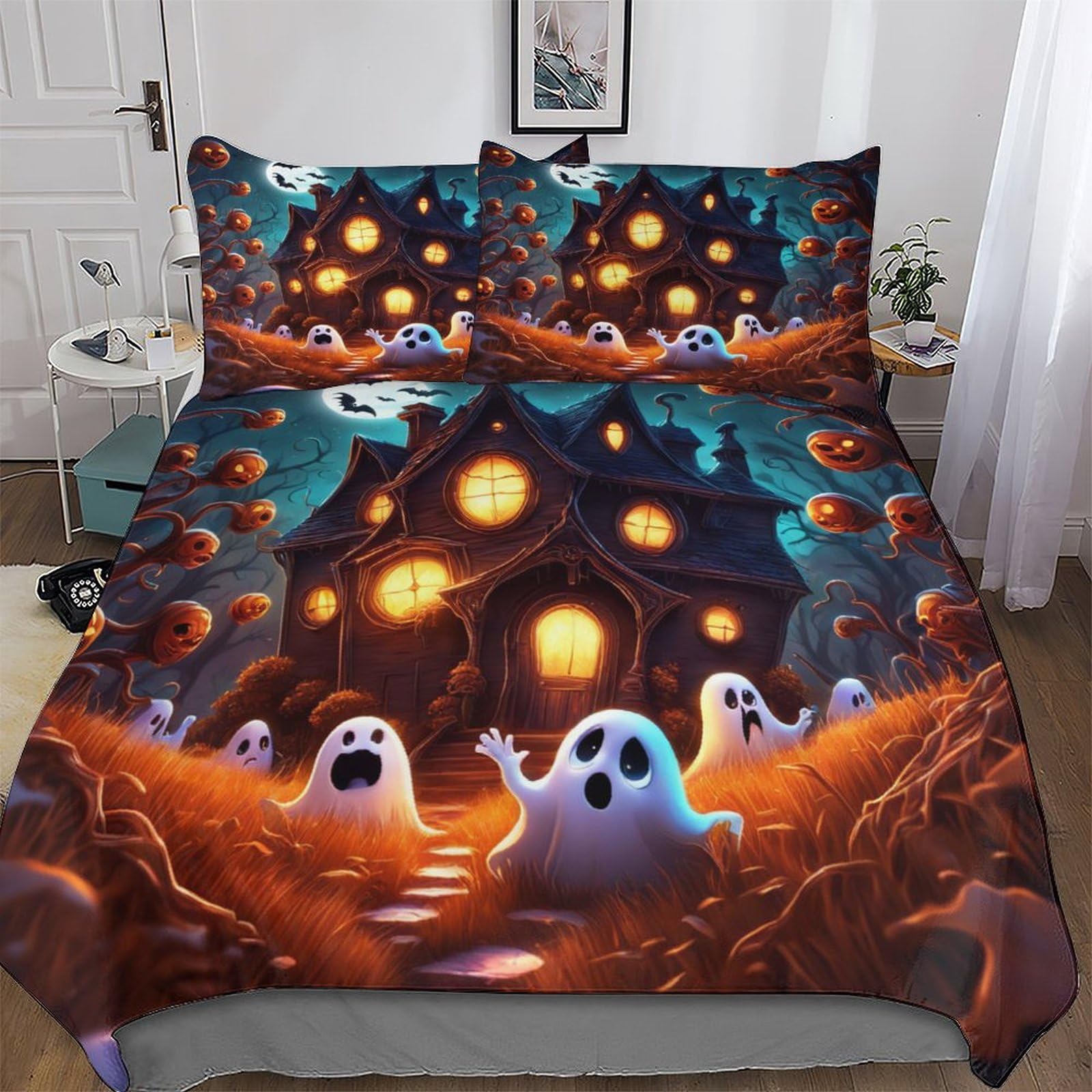 GGJJTT Halloween Ghost Duvet Cover Bedding Set Bedspread Cover with Pillowcase Microfiber Quilt Cover Soft 3 Piece Set For Boys Girls Double 200x200cm