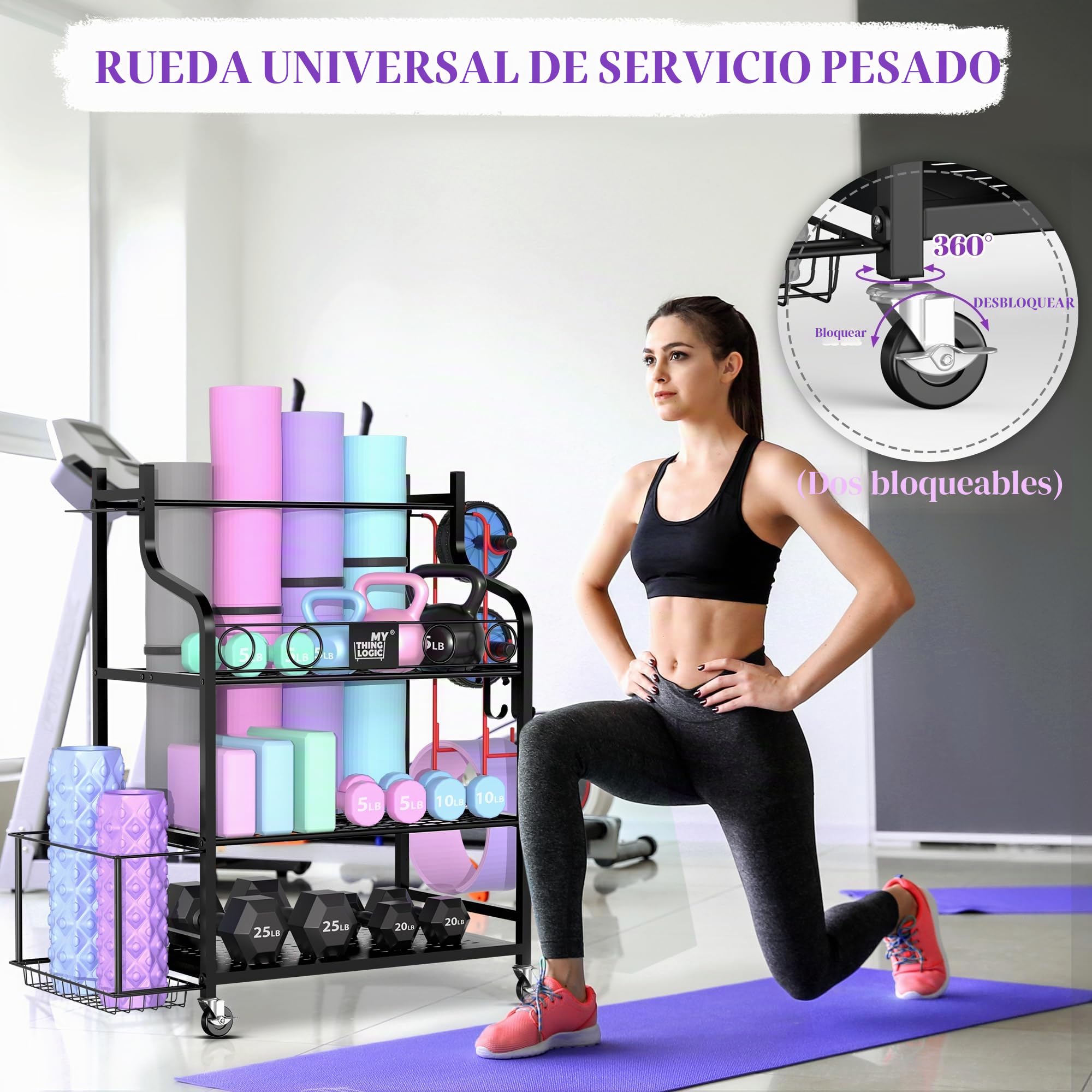 Mythinglogic Estante de Almacenamiento de Yoga Esterilla, Soporte Mancuernas También es Para Guardar Pesas Rusas, Rodillos de Espuma, Soporte Para Mancuernas con Ganchos y Ruedas