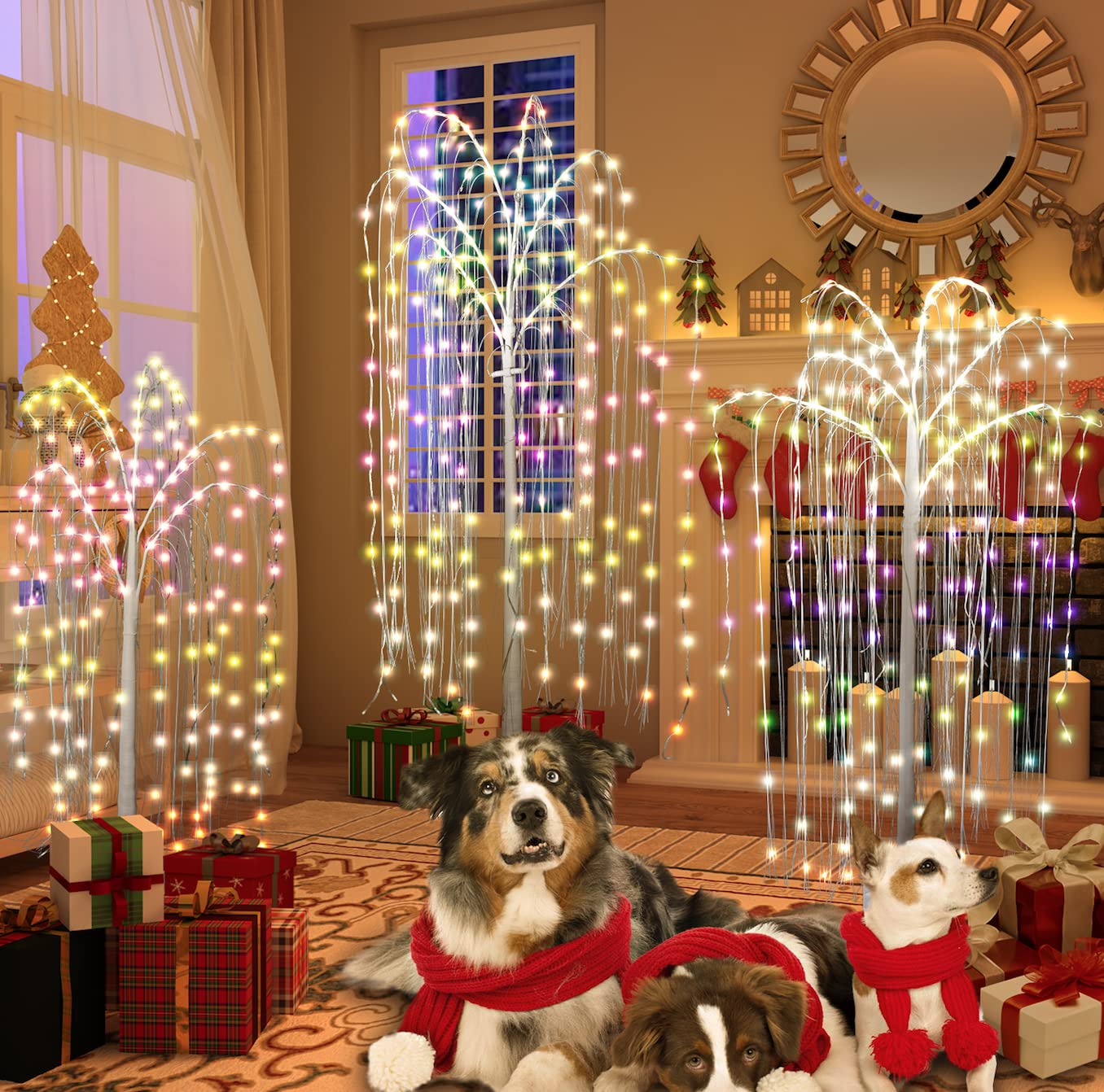 AWQM 4 Feet 5 Feet and 6 Feet Colorful Lighted Willow Tree, Pack of 3, Willow Tree with Multicolored White String Lights for Indoor Outdoor Christmas Party Home Wedding Decor (CY-004)