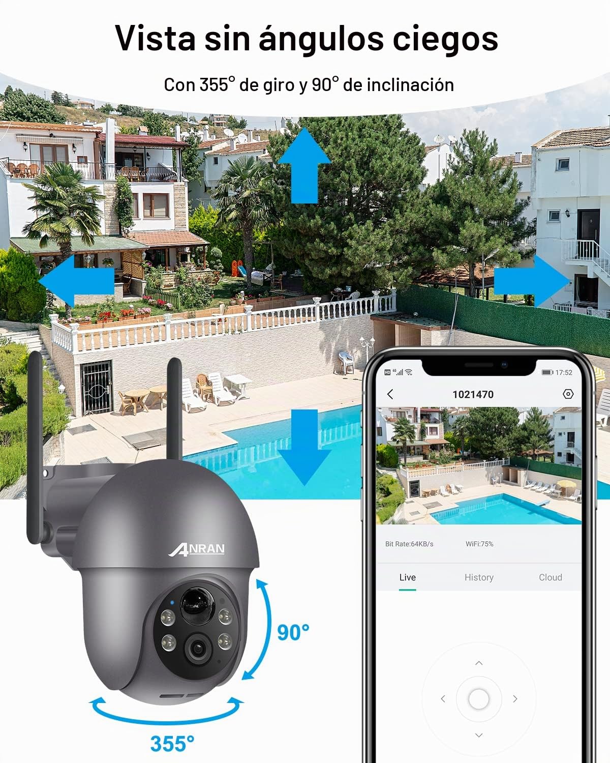 ANRAN 5MP Camara Vigilancia WiFi Exterior Solar, 360° Cámara con Bateria | PIR Humana Detección, 4 Lumières Blanches, Alarma de Luz y Sonido, WiFi 2.4 GHz, Voz de Dos Vías Compatible Alexa