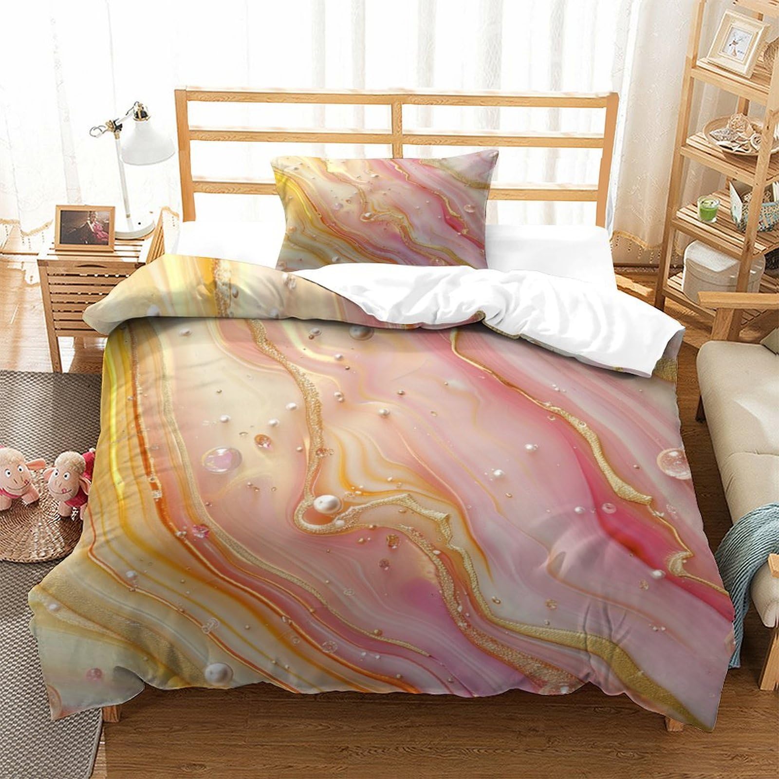 P1S9U7W5Y Elegant Marble 3D Printed Duvet Cover Set 3pcs Microfiber Pastel Pattern Bedding Set Single（135x200cm）