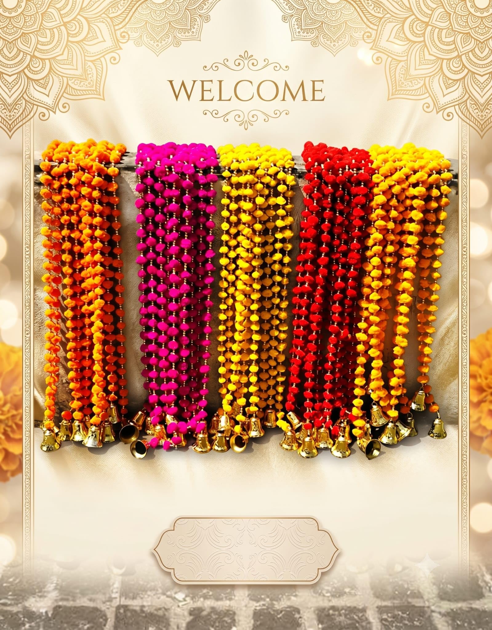 Indian Handmade Pom Pom Garland bells 5 feet approx pack of 5 garlands mixed colours diwali decor