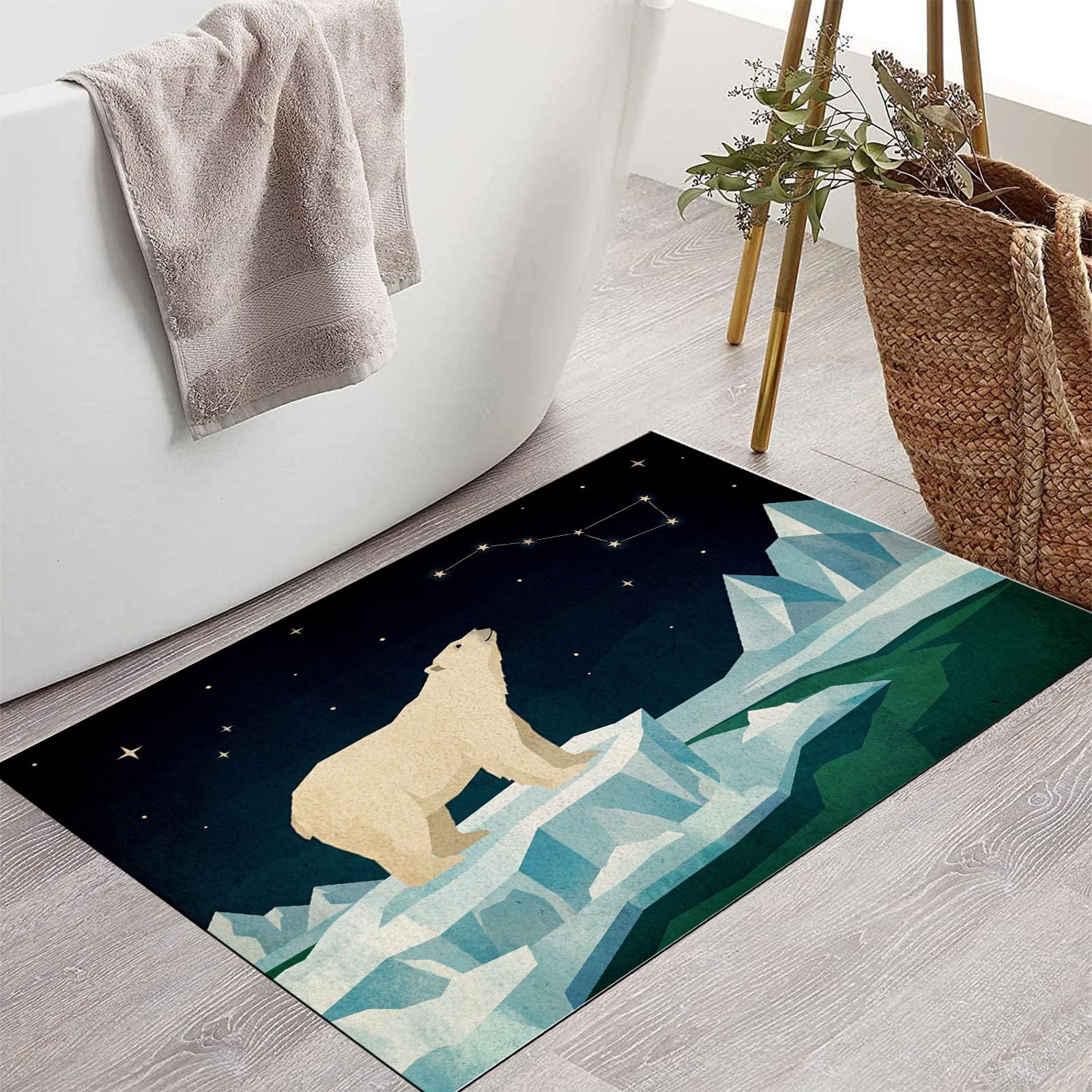Zerbino Ingresso Interno Animali Artici Cartoni Animati, Zerbino Di Benvenuto Lavabile Morbida Cielo Stellato Iceberg Orsi Polari, Antiscivolo Tappeto Da Decorazioni Nero Per Casa Porta, 60X90Cm