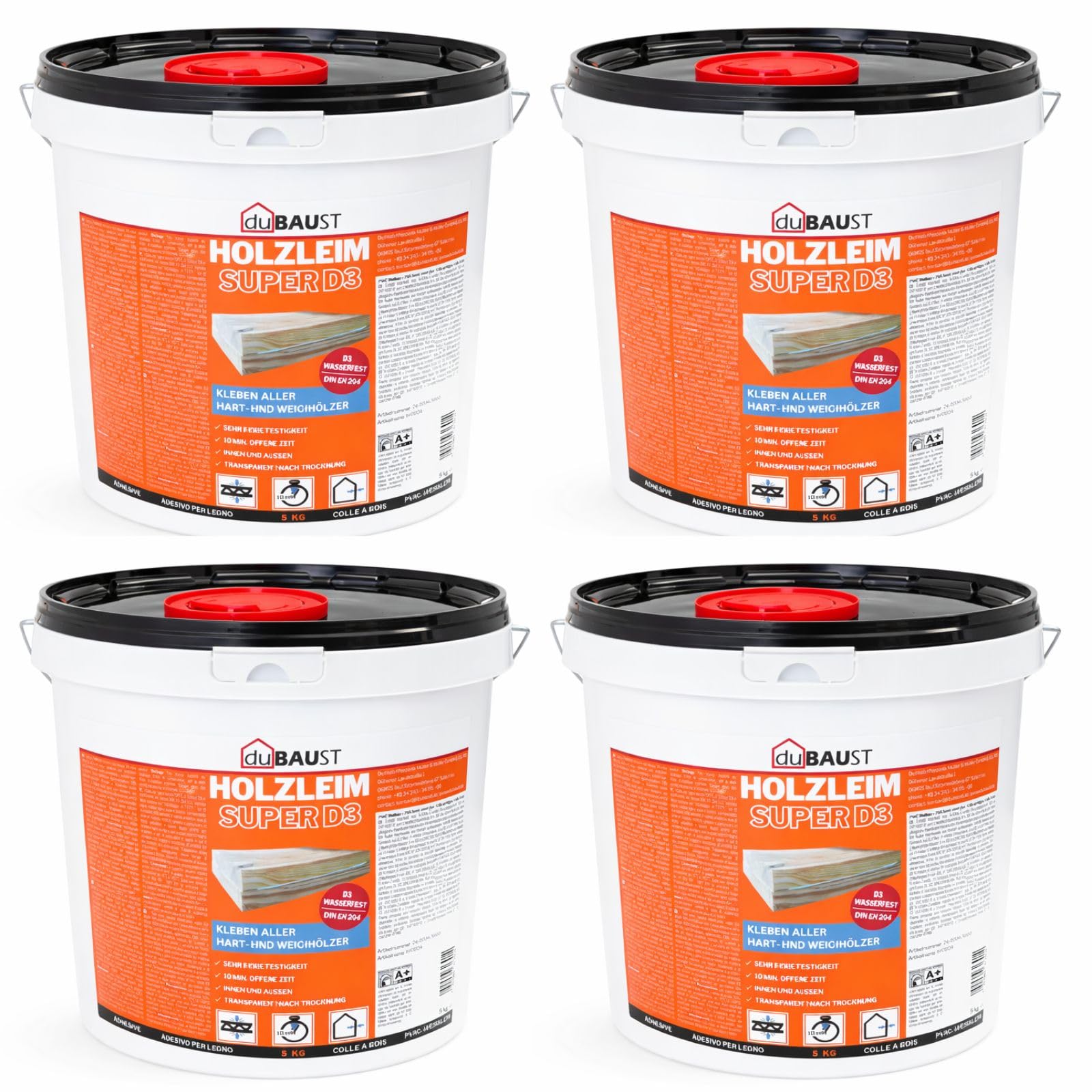 4x dubaust WOD24 Schnelltrocknender D3 Holzleim, wasserfest, für Hartholz und Weichholz, weiss - nach dem Aushärten transparent (5Kg Eimer)