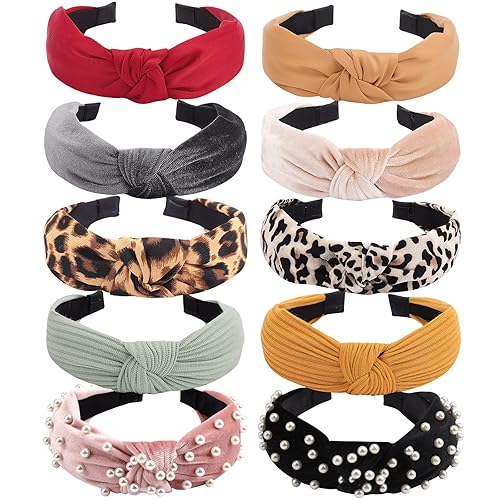 Ondder Diademas para mujer, paquete de 10 diademas de moda con nudo superior, perlas de terciopelo, guepardo, tela tejida para niñas y mujeres,