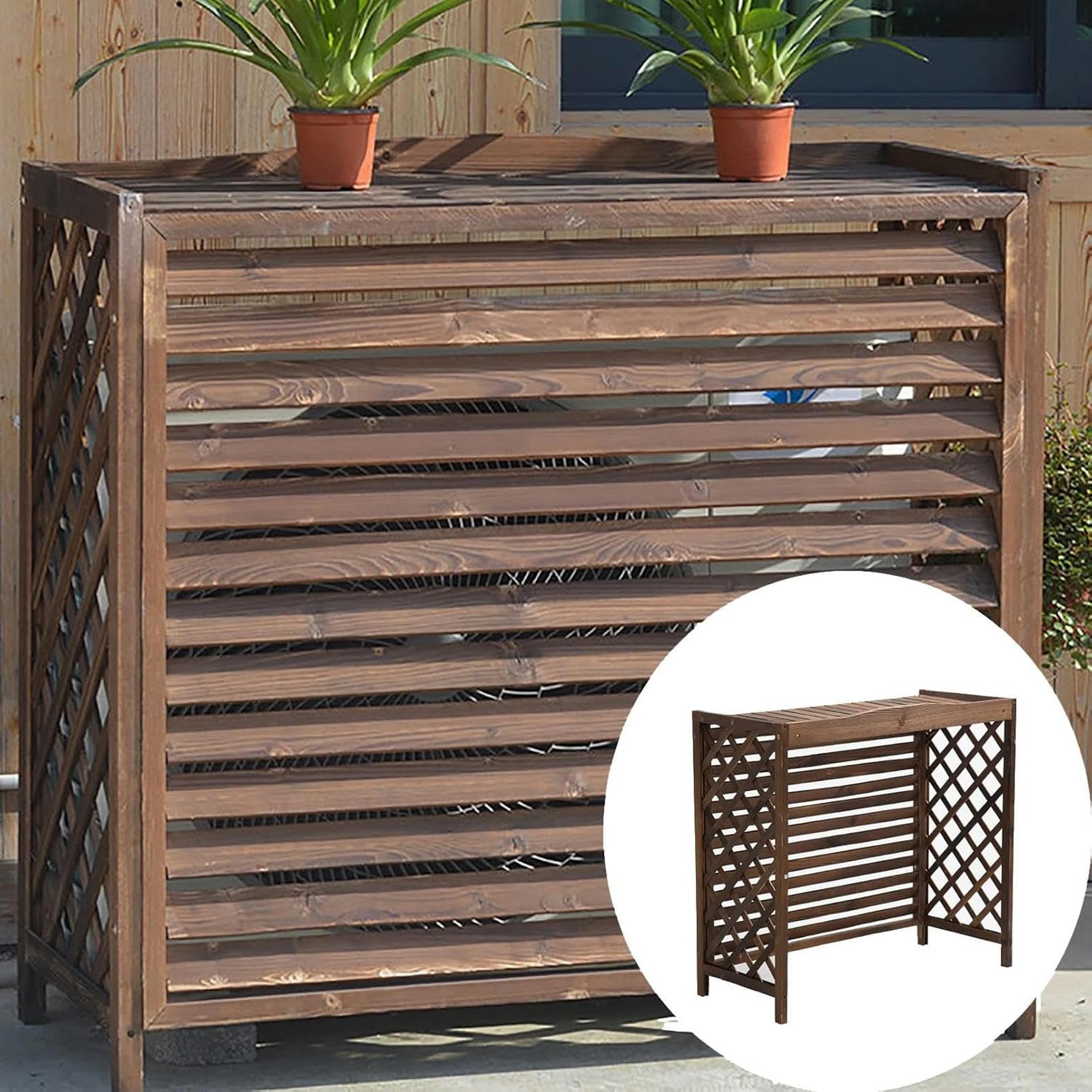 Cache-climatiseur extérieur bois paravent radiateur et support pot de fleurs