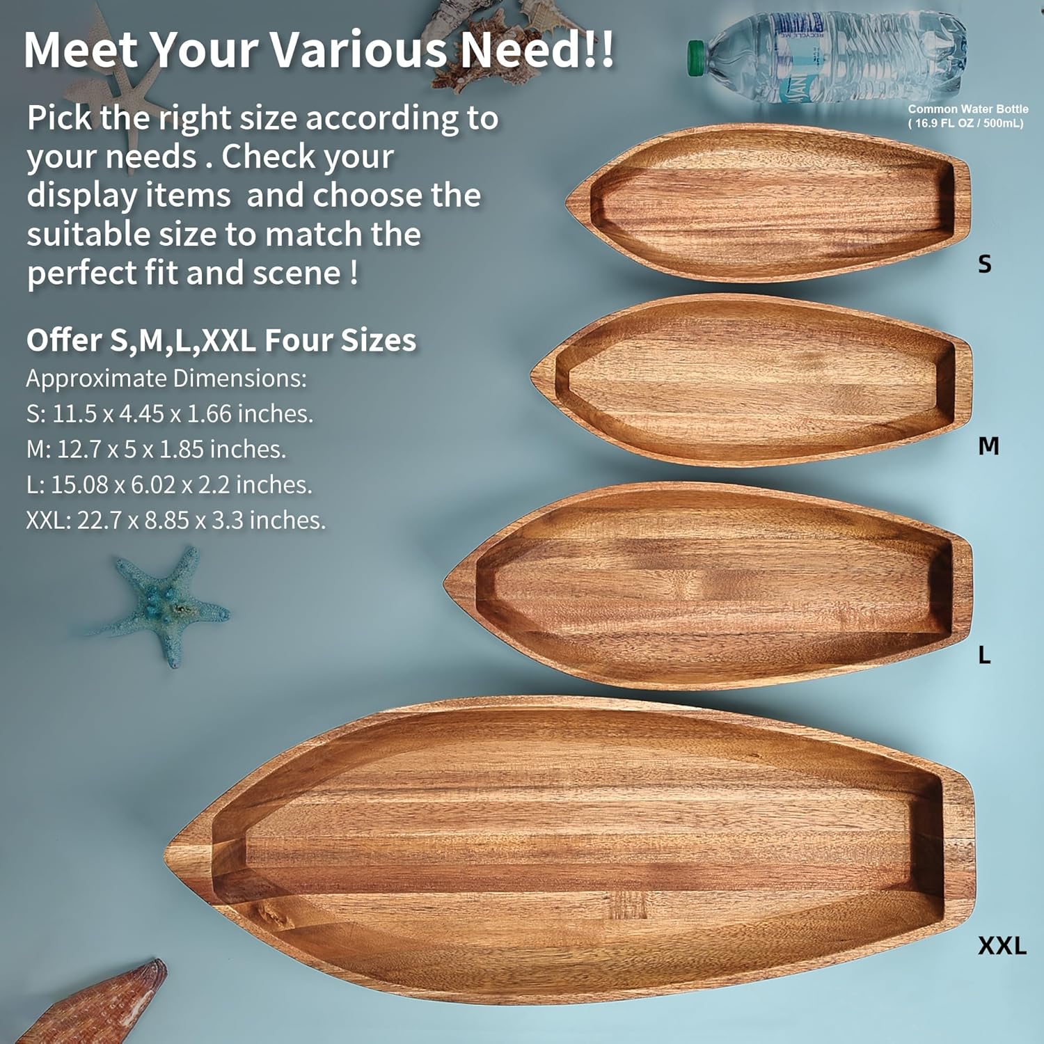 Lucky Boat Serving Tray, Acacia Solid Wood Interesting Shape Plate for Serving Desserts, Fruit, Snack and House Ornament,Key Tray,Functional and Storage Decorative Bowl。(L)