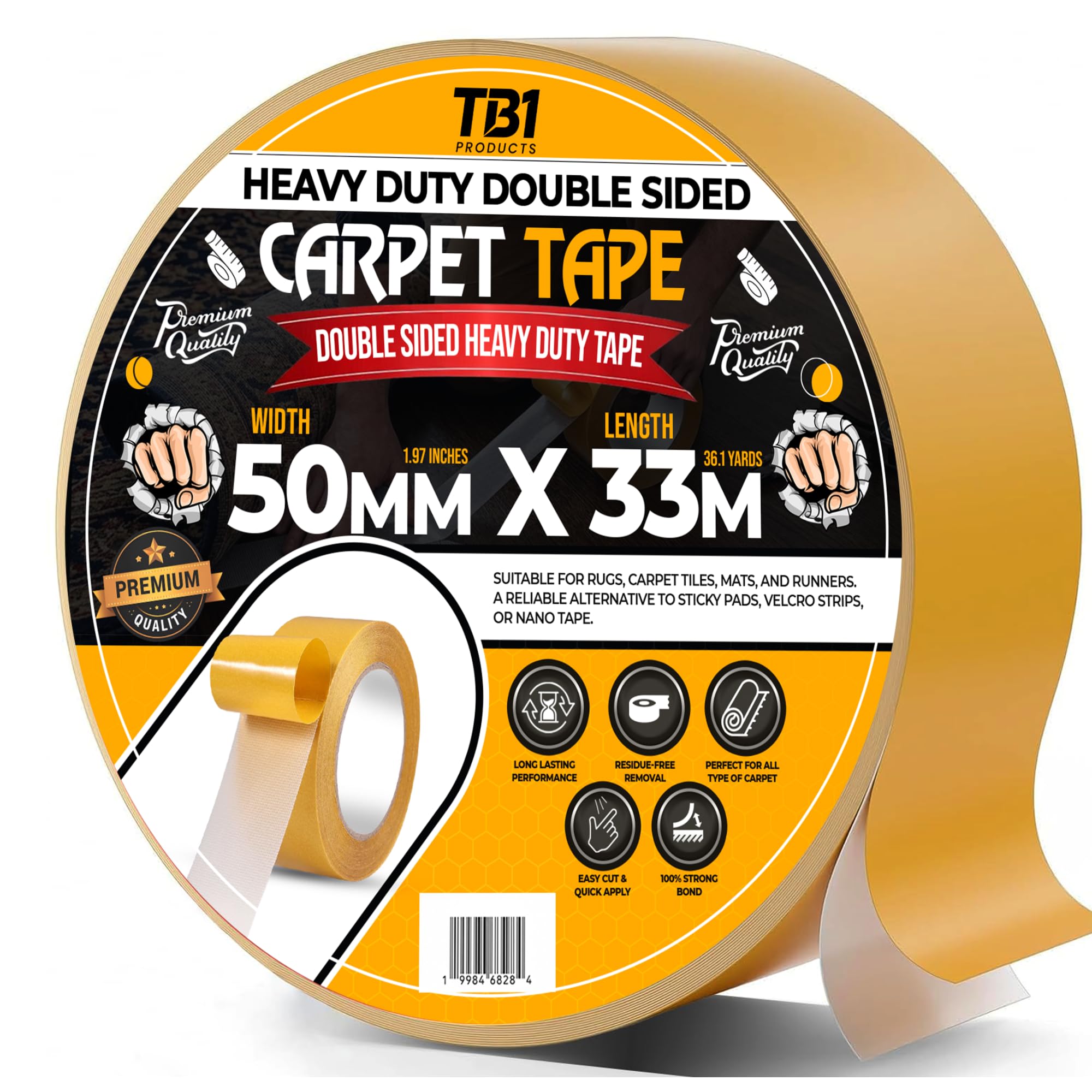 TB1 Double Sided Carpet Tape Heavy Duty 50mm x 33m – Extra Strong Rug Gripper Tape, Residue Free Carpet Tape for Rugs, Floors & Stair Treads – Works on Wood, Tile, Vinyl, Laminate & Carpet