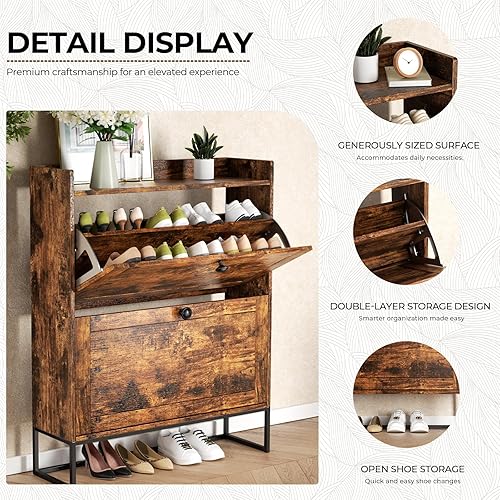 Miniatura 3 de Armario de zapatos, organizador de zapatos moderno con 2 cajones abatibles, zapatero de madera para entrada, armario de zapatos independiente para