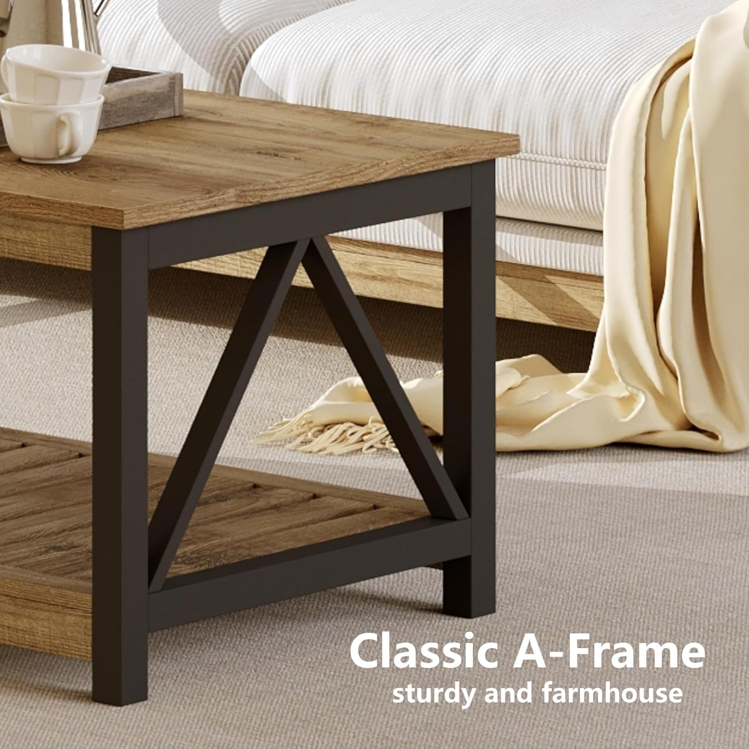 ChooChoo Farmhouse Coffee Table with 2-Tier Storage, 40-Inch Rectangular Wooden Center Table for Living Room, Rustic Oak & Black