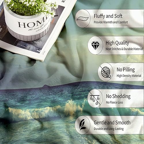 Miniatura 4 de Manta de franela de vellón natural de paisaje de olas oceánicas de 60 x 80 pulgadas, suave y acogedora, manta mullida de invierno y otoño,