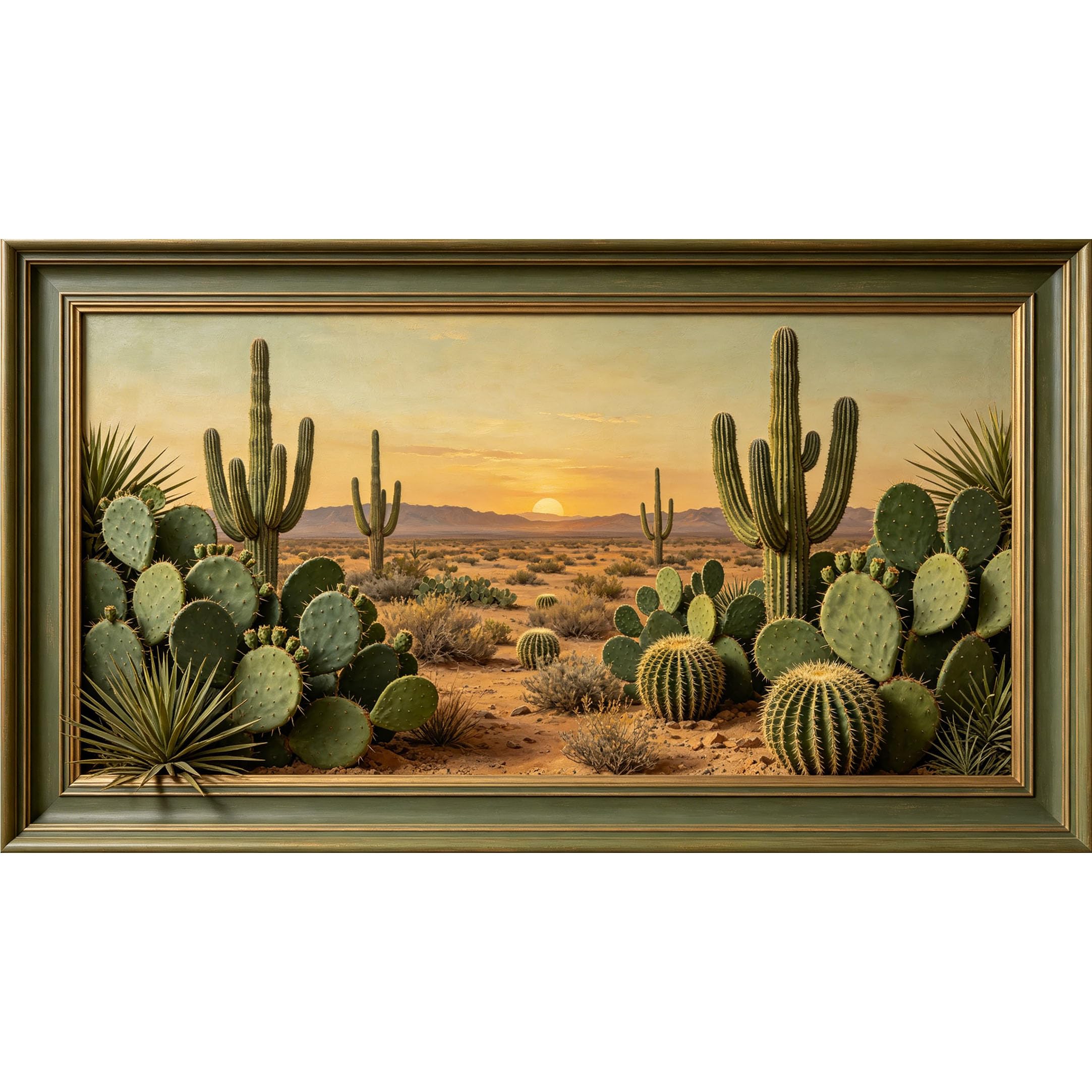 QZLITHOTIC 50×90cm3D Framed Wall Art， Southwestern Desert Landscape Saguaro Cactus Oil Painting Self?Adhesive Mural， Water?Activated Peel & Stick Fabric Decor Wall Decal for Bedroom Living Room