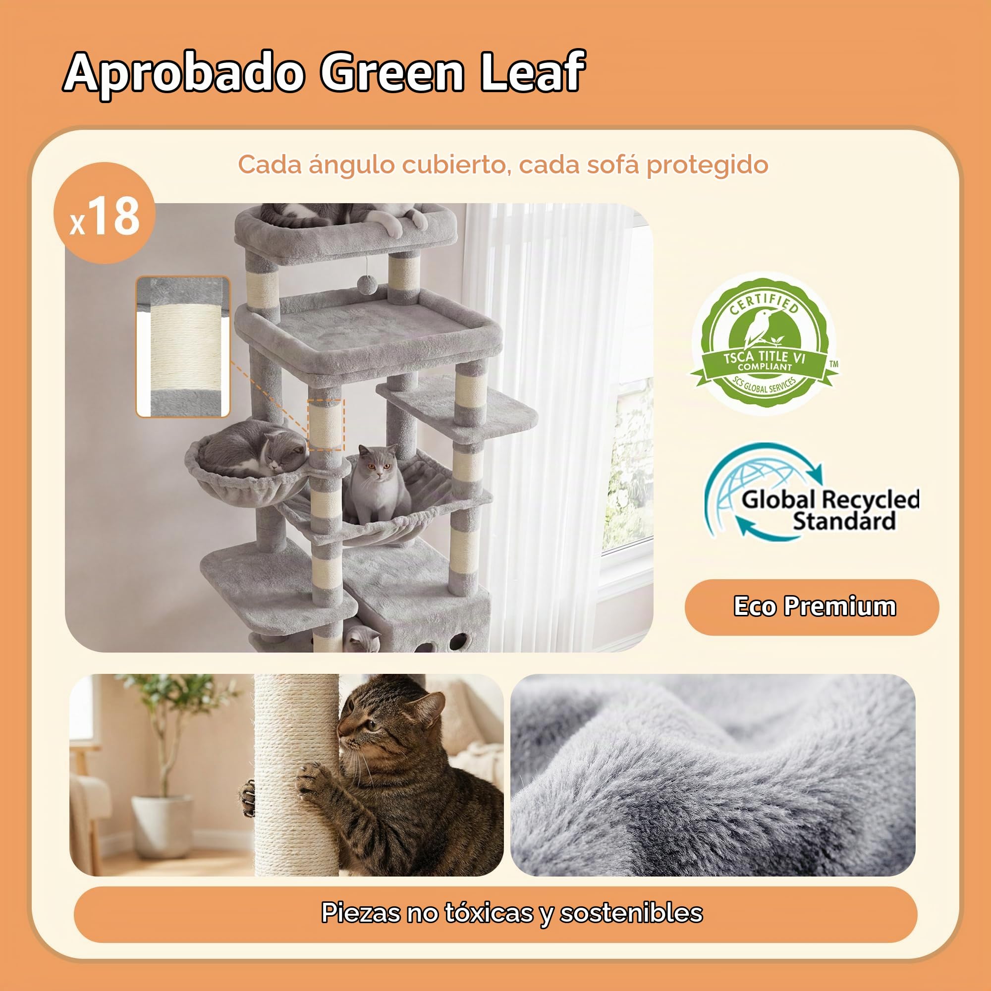 Heybly Rascador para Gatos XXL 266–296 cm, Rascador Deckenhoch con Plataforma Superior y Base Ancha, 2 Casitas para Gatos, Hamacas, Cestas, 15 Postes de Sisal, Sistema Antivuelco, Gris Claro HCT092W