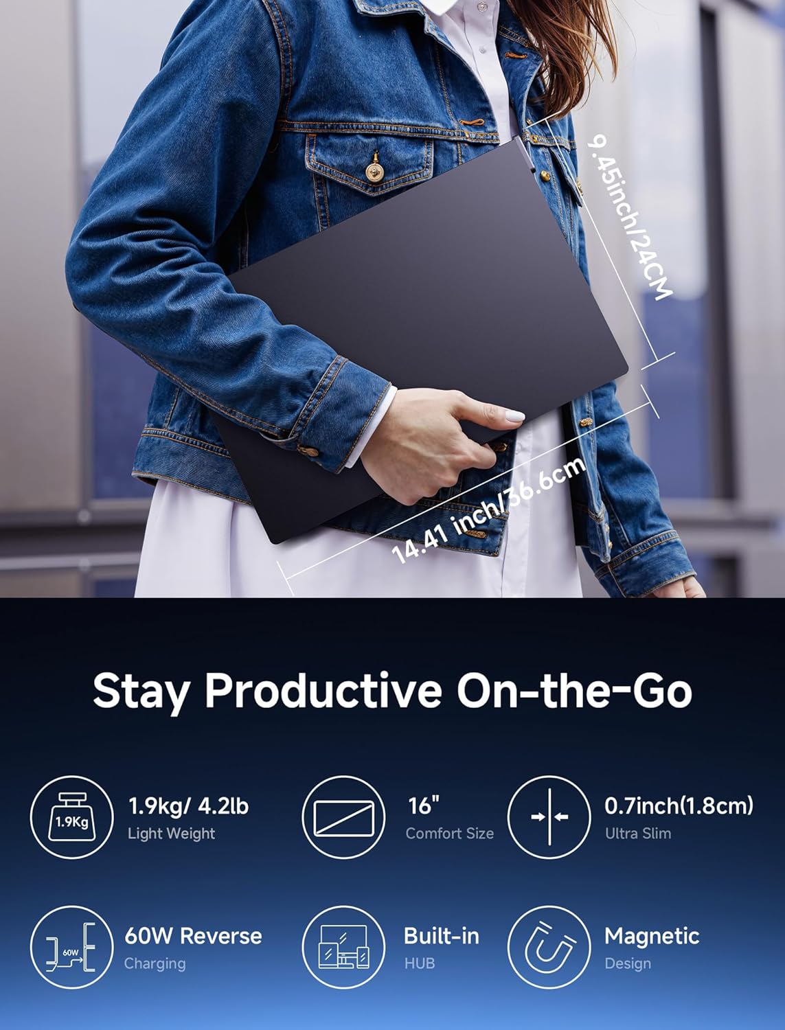 Infographic highlighting key display specifications: 2.5K UHD, 100% sRGB, IPS Display, Low Blue Light, 16:10 aspect ratio, 1200:1 contrast, 500 Nits brightness.