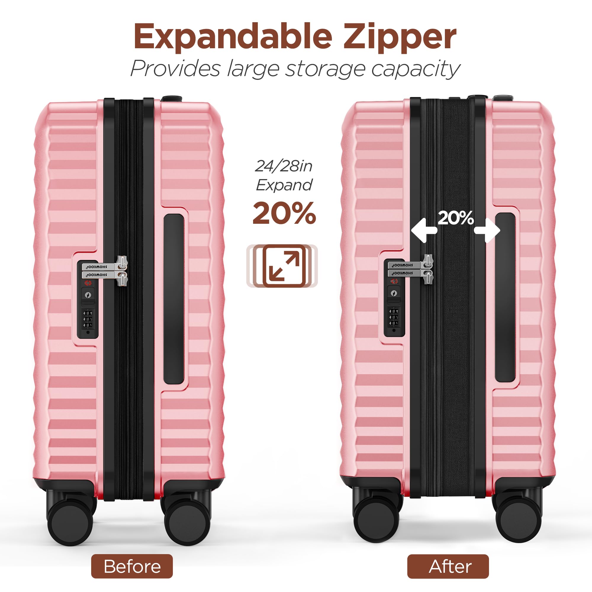 SHOWKOO Zestawy bagażowe 3 sztuki Hardside rozszerzalna walizka z podwójnymi kołami obrotowymi Tsa (50.8 cm/61.0 cm/28), różowy, 5PCS