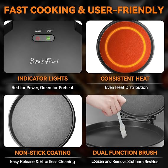 Bakers Friend Pizza Maker Electric with Temperature Control, Indoor Quesadilla Maker, 12 Inch Electric Pizza Maker Machine for Home, Pizza Cooker, 1400W, Graphite