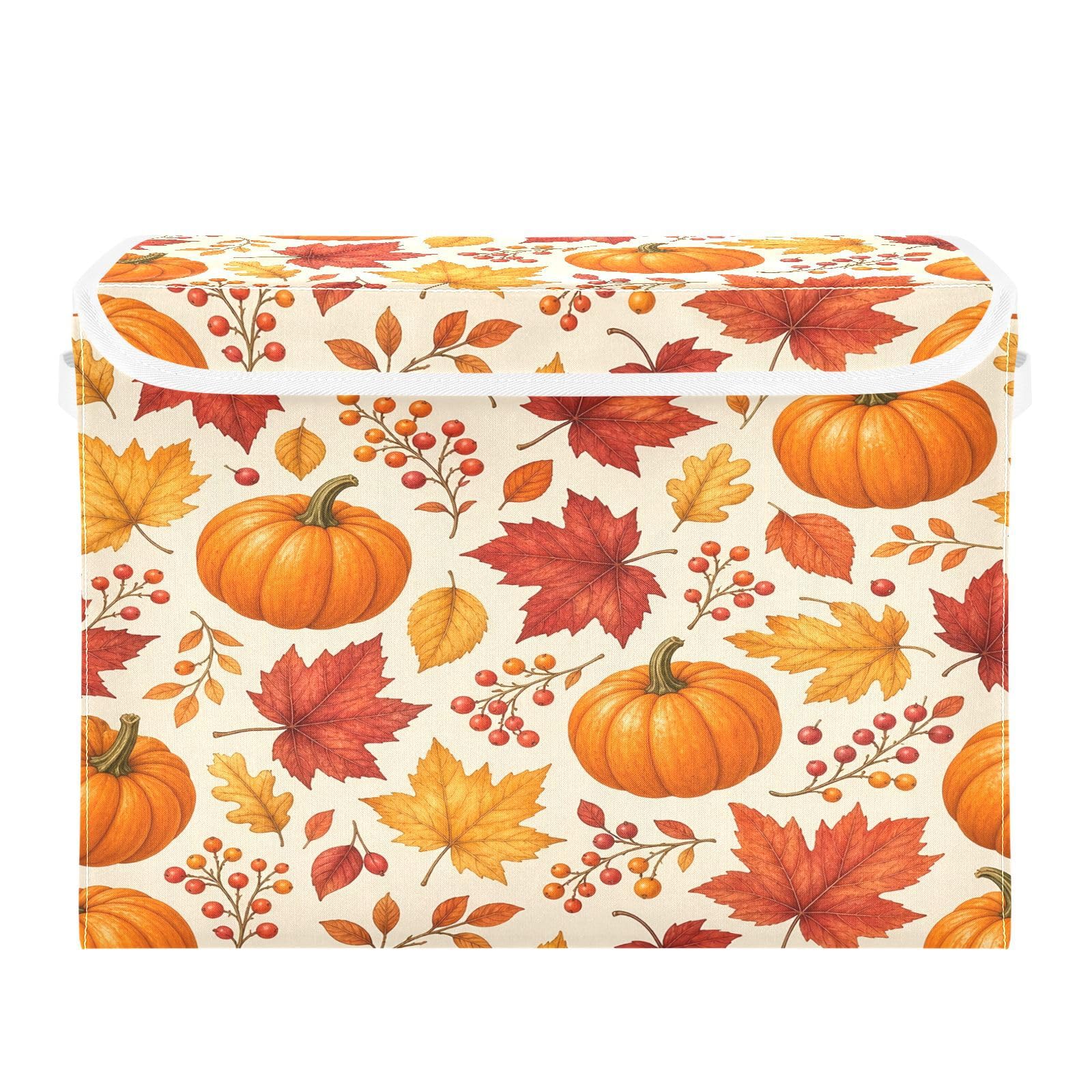 Ewusp Hallowwen Pumpkins Fabric Storage Bin with Lid, Decorative Foldable Storage Basket with Handles, Stackable Closet Shelf Organiser Box for Clothes, Books, Bedroom, Living Room