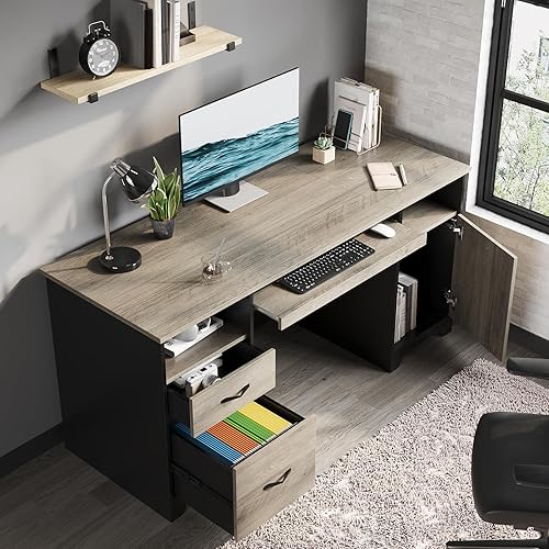 Miniatura 2 de Bestier Escritorio ejecutivo de 59 pulgadas con 2 cajones, escritorio para computadora con armario de almacenamiento, escritorio industrial de