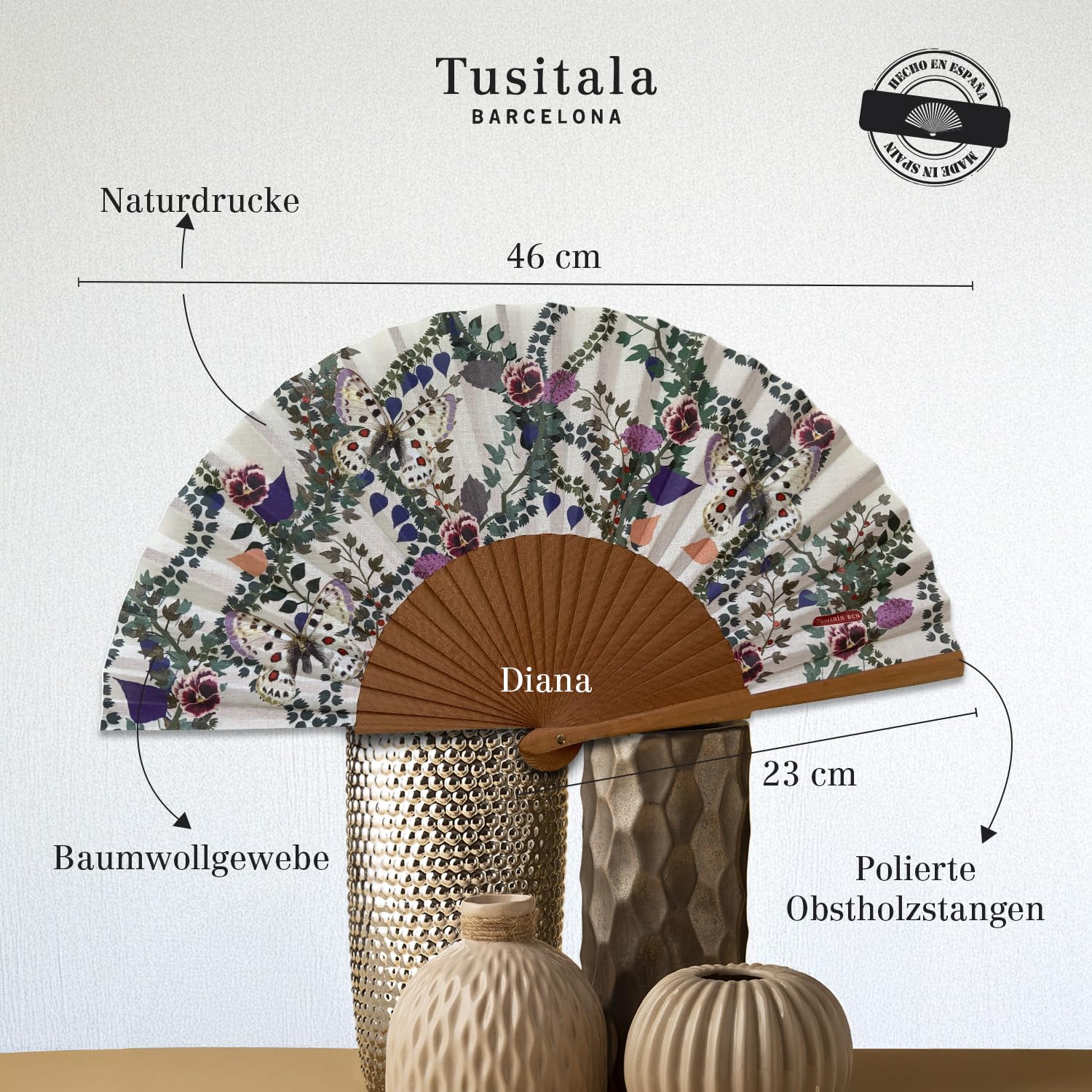 Spanischer Handfächer Libro de la Selva–Holz und Baumwolle–23 cm–Hülle und Einband aus Jute–Modeaccessoire–Handgefertigt in Spanien–Events und Geschenke–Kollektion Alzar la Mirada