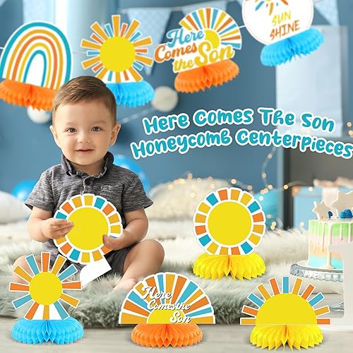 Miniatura 4 de Here Comes The Son - Decoraciones de baby shower, 8 piezas de Here Comes The Son Baby Shower Centro de mesa de panal de abeja, decoración de fiesta