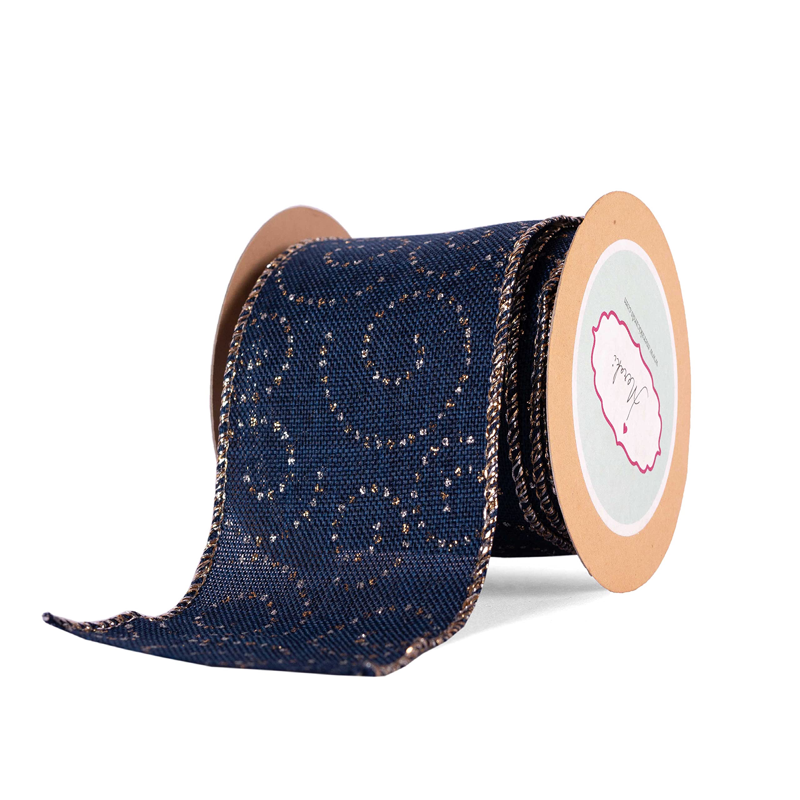 Meraki Cards Silver Gold Swirls Navy Blue Wired Ribbon(W: 63mm, L: 5 Yards)